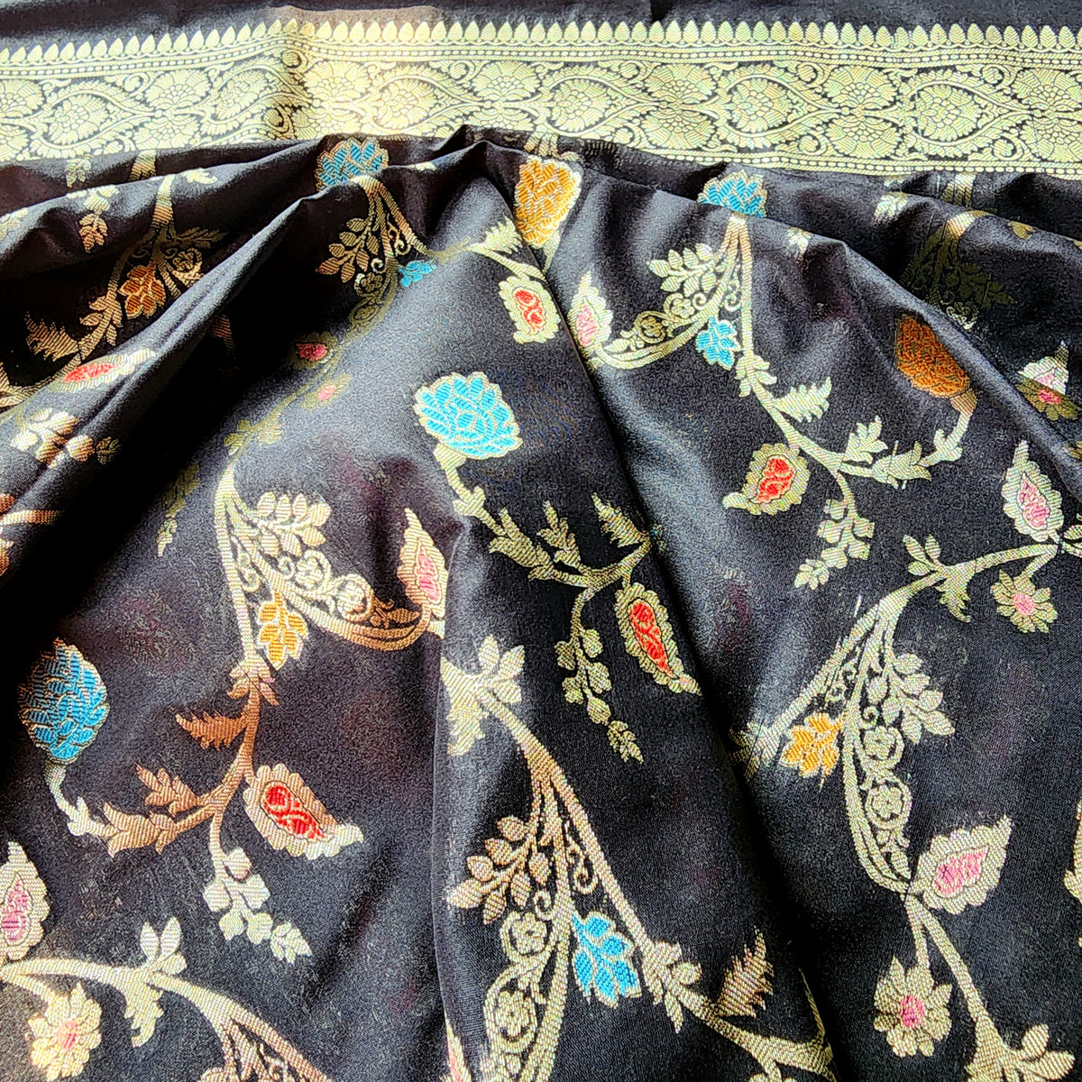 Black Banarasi Silk Dupatta with Gold Zari Border & Multicolor Meenakari Work