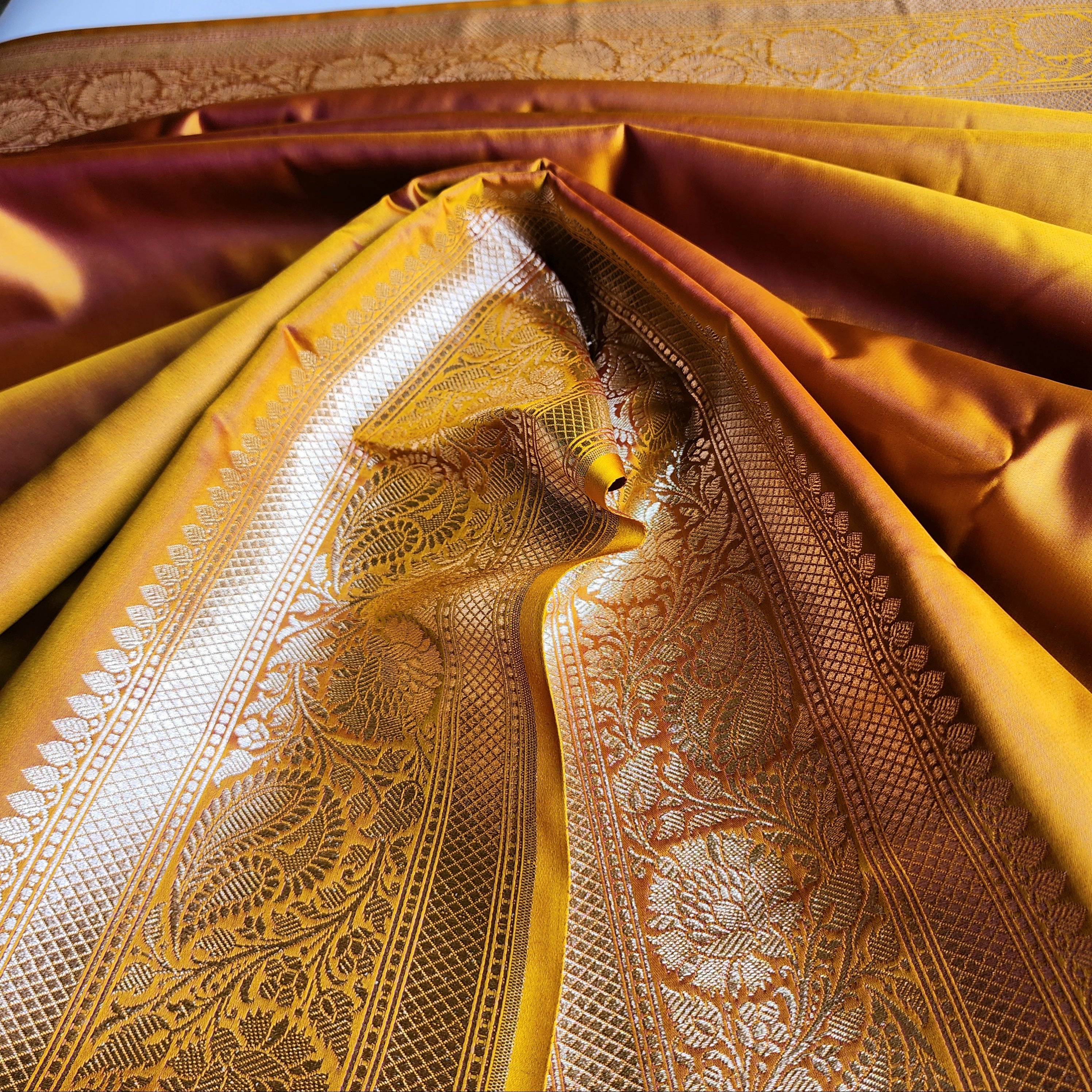 Rich Marigold Yellow Pure Banarasi Katan Silk Saree with light Gold Zari Weaving