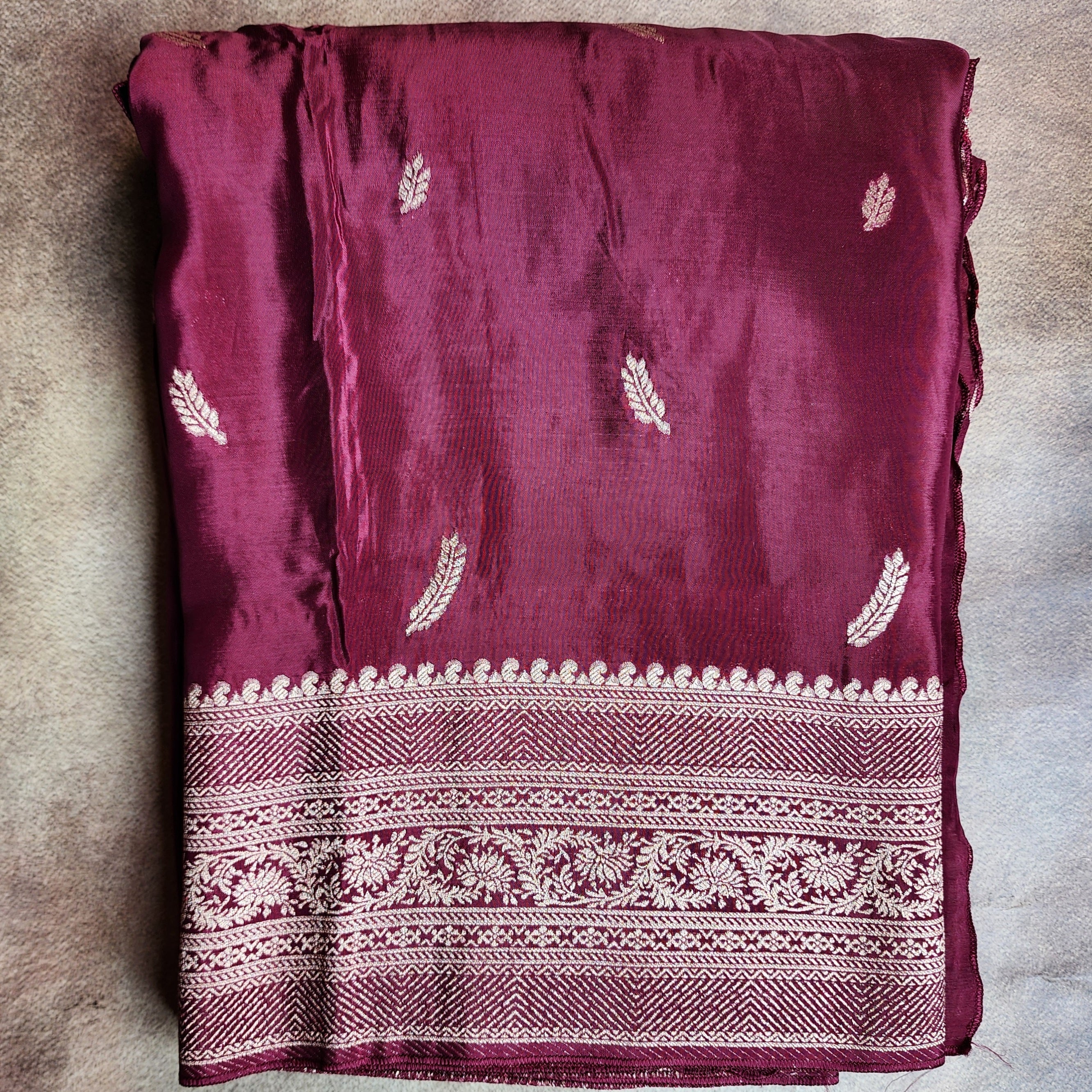 Wine Pure Crepe Silk Saree with Silver Zari Border