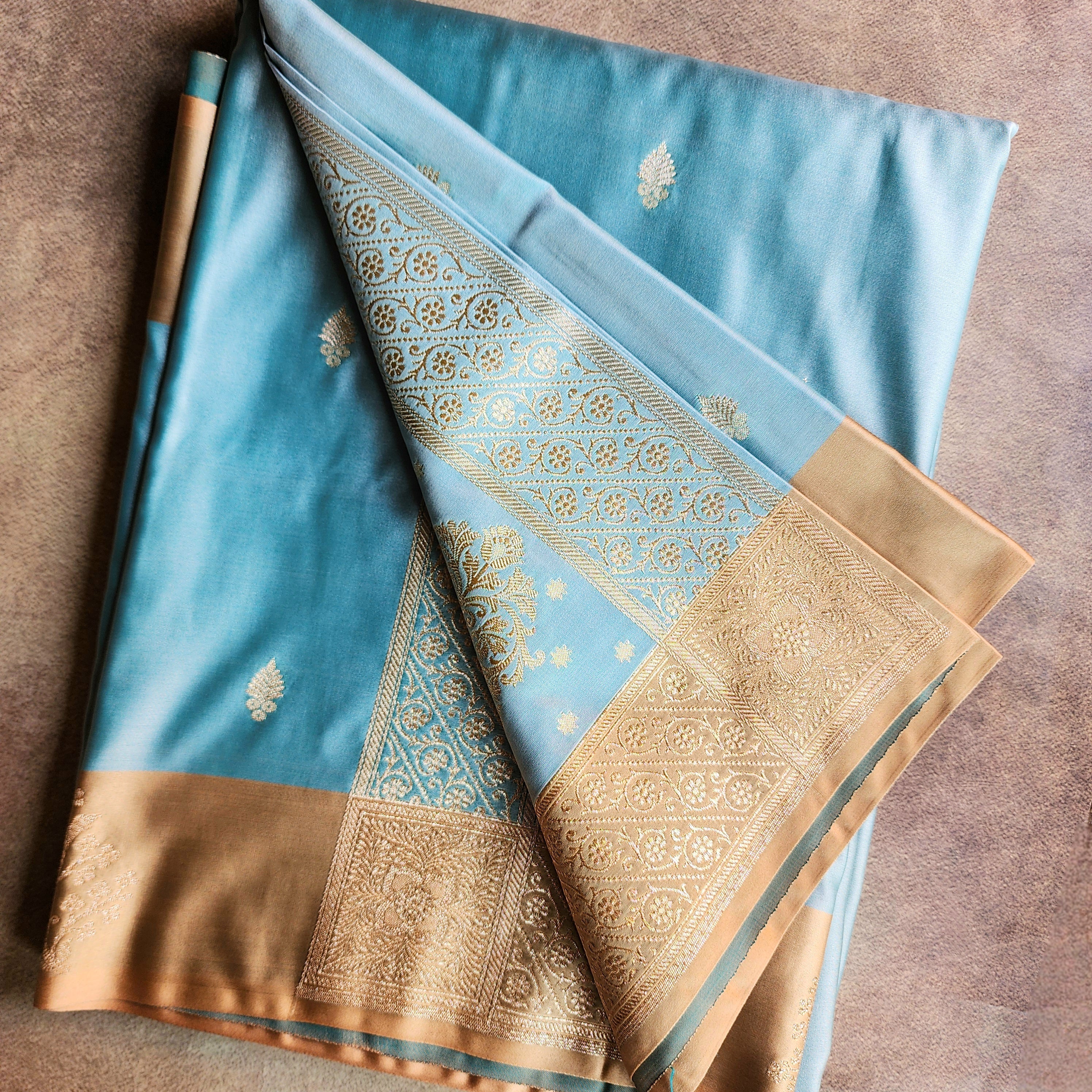 Blue Katan Silk Saree with Beige Gold Zari Border