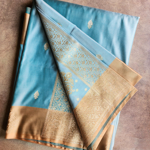 Blue Katan Silk Saree with Beige Gold Zari Border
