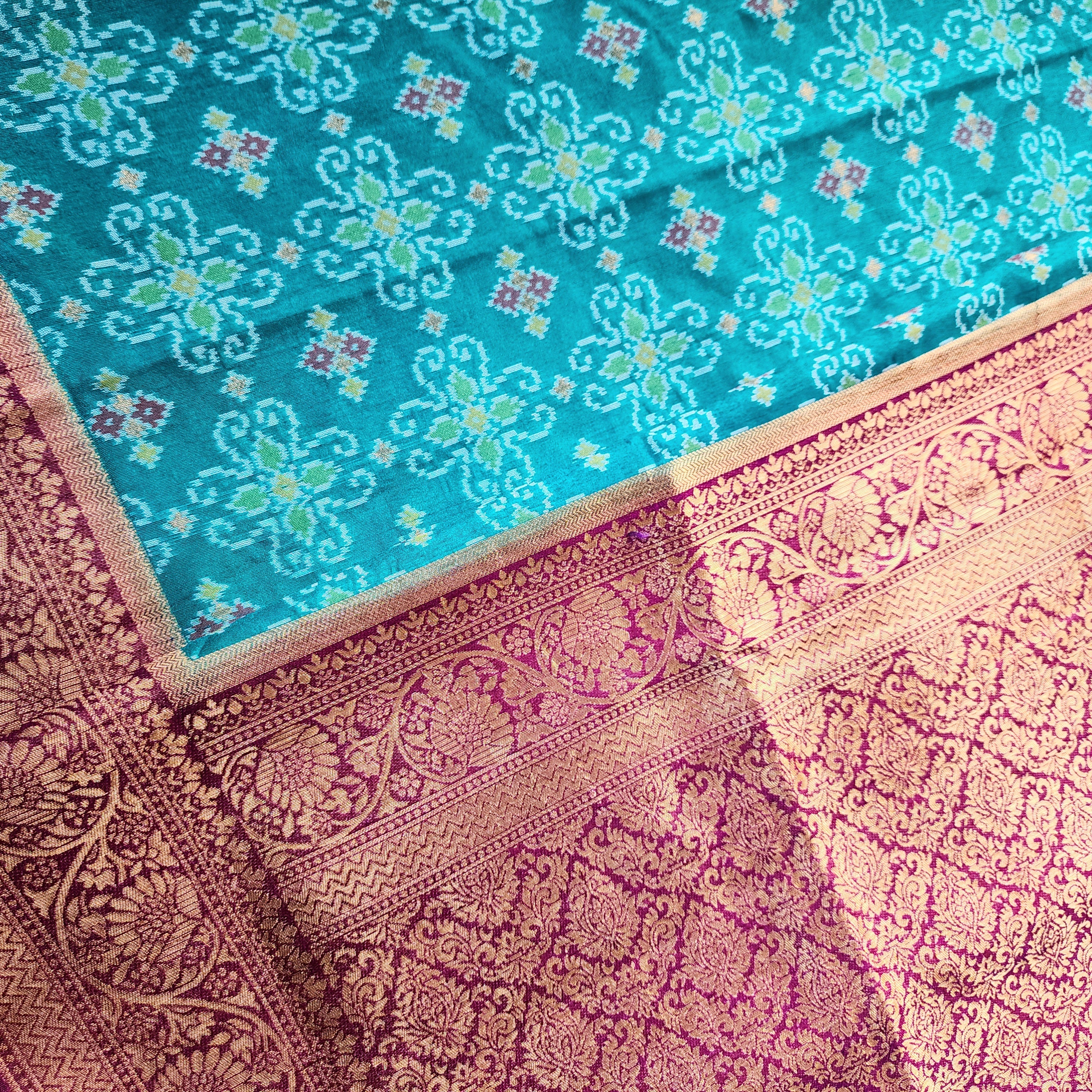 Turquoise Dupion Patola with Maroon-Gold Border & Heavy Gold Zari