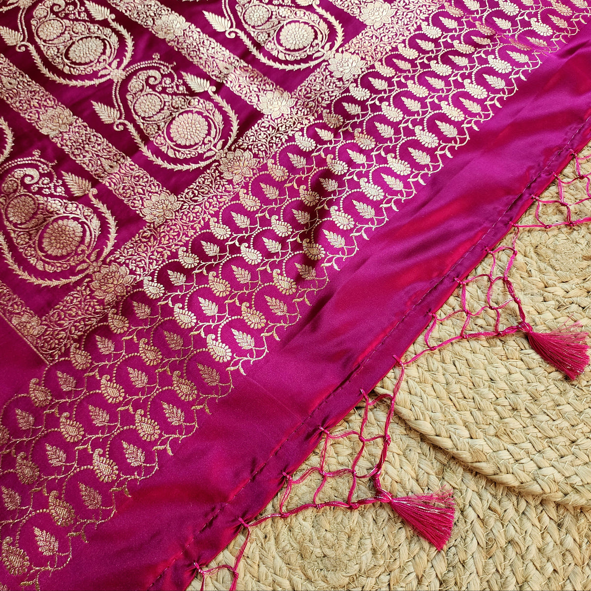 Rani Pink Paisley Katan Silk Saree with Gold Zari