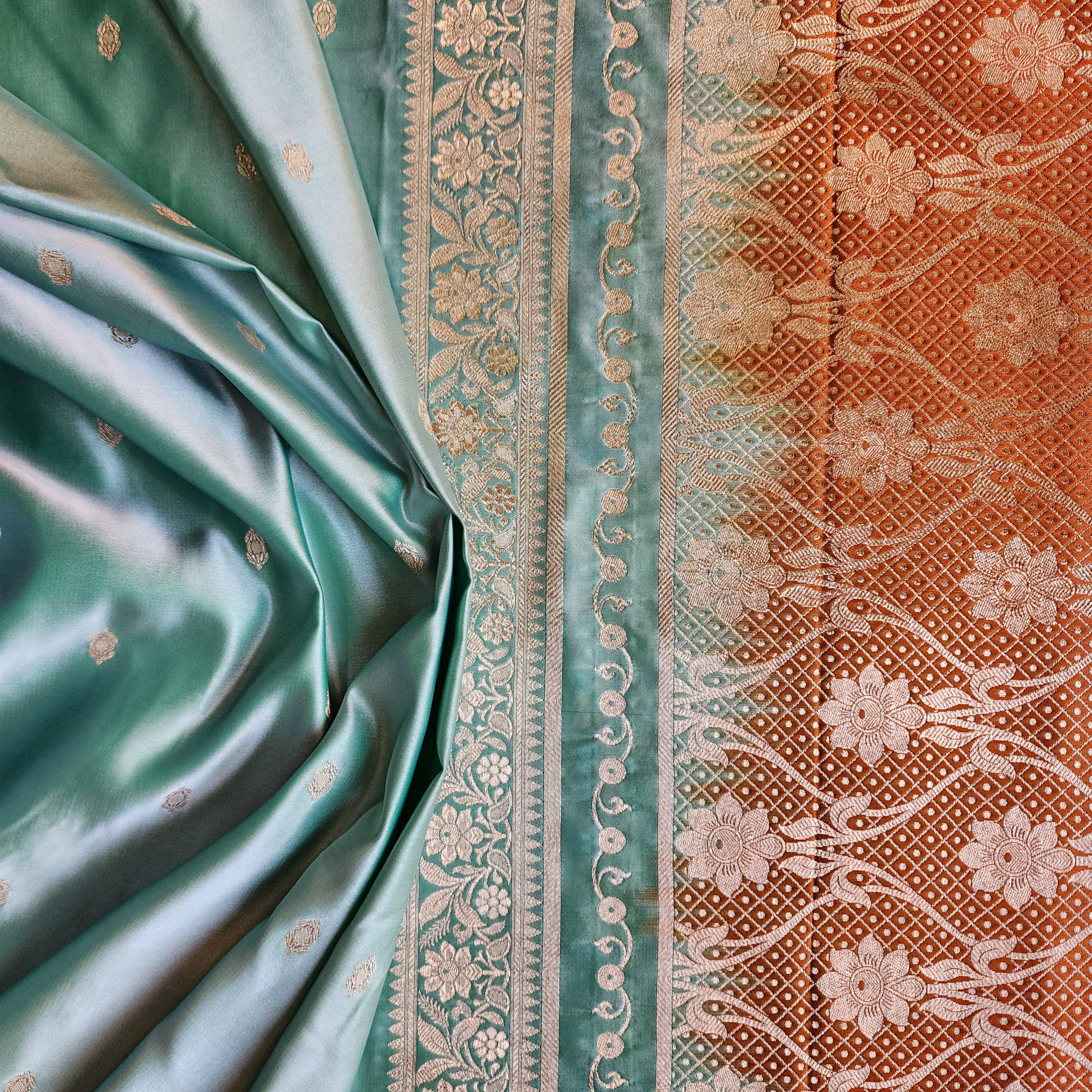 Aqua Katan Silk Saree with Rust and Gold Zari Border