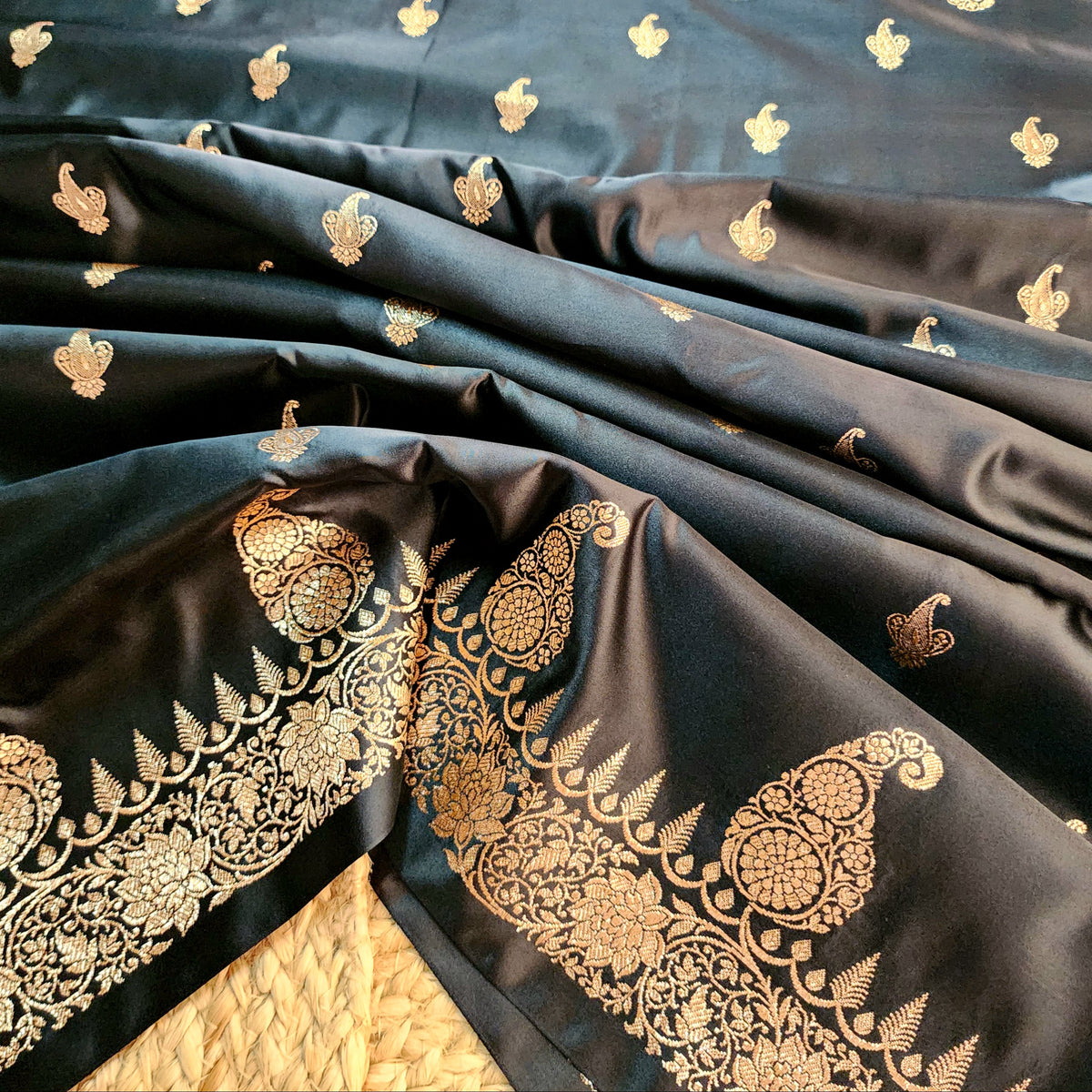 Black Paisley Katan Silk Saree with Gold Zari