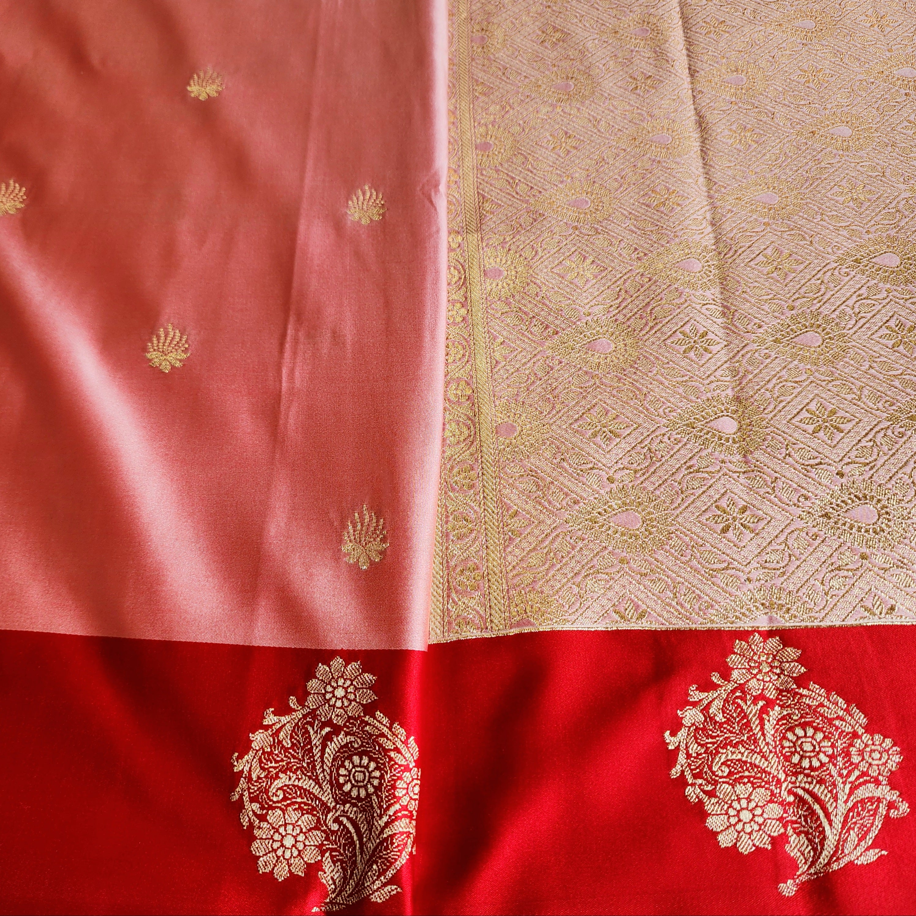 Blush Pink Katan Silk Saree with Red Gold Zari Border