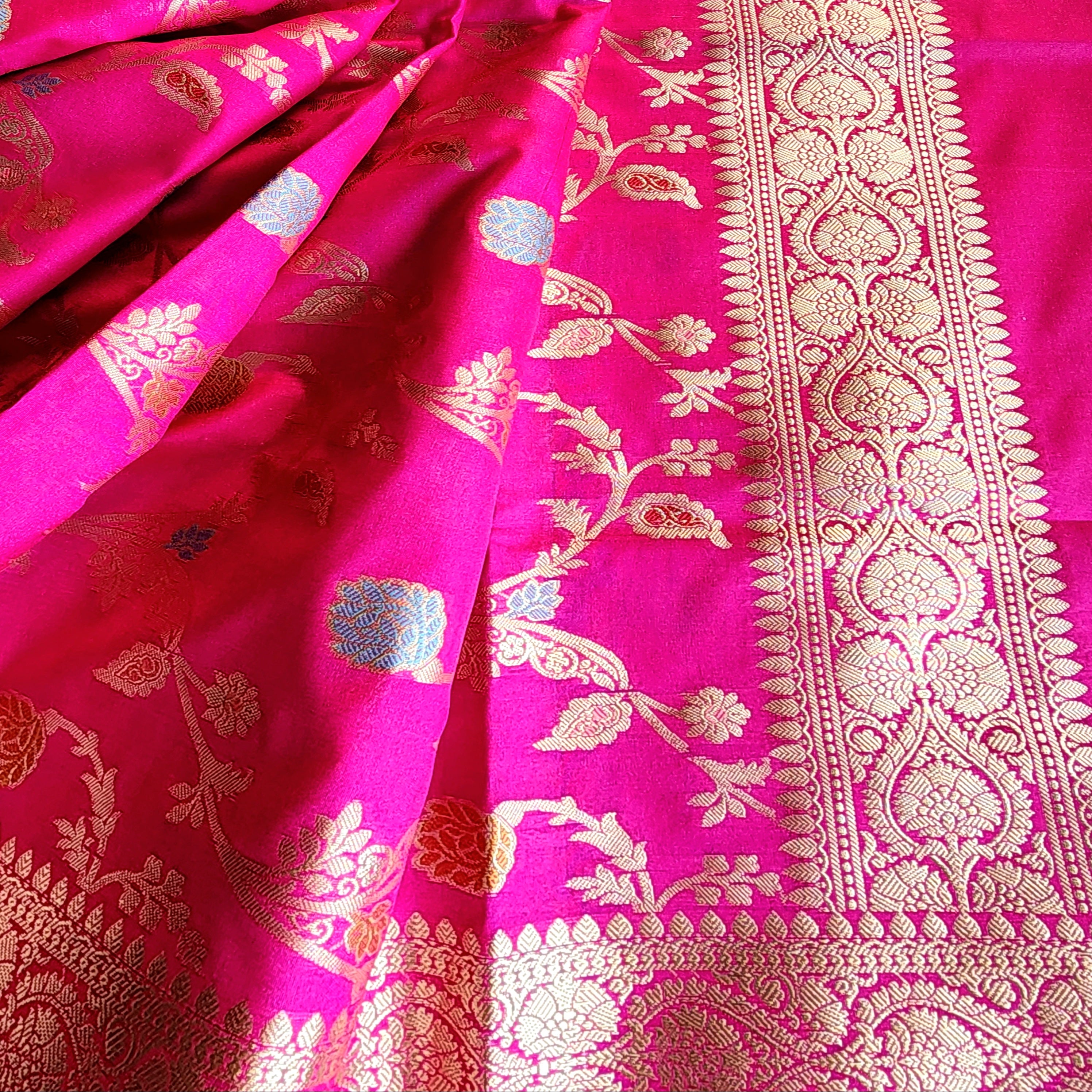 Hot Pink Banarasi Silk Dupatta with Gold Zari Border & Multicolor Meenakari Work