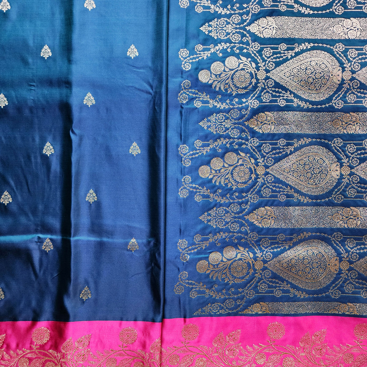 Midnight Blue Pure Banarasi Katan Silk Saree with Rani Pink Border