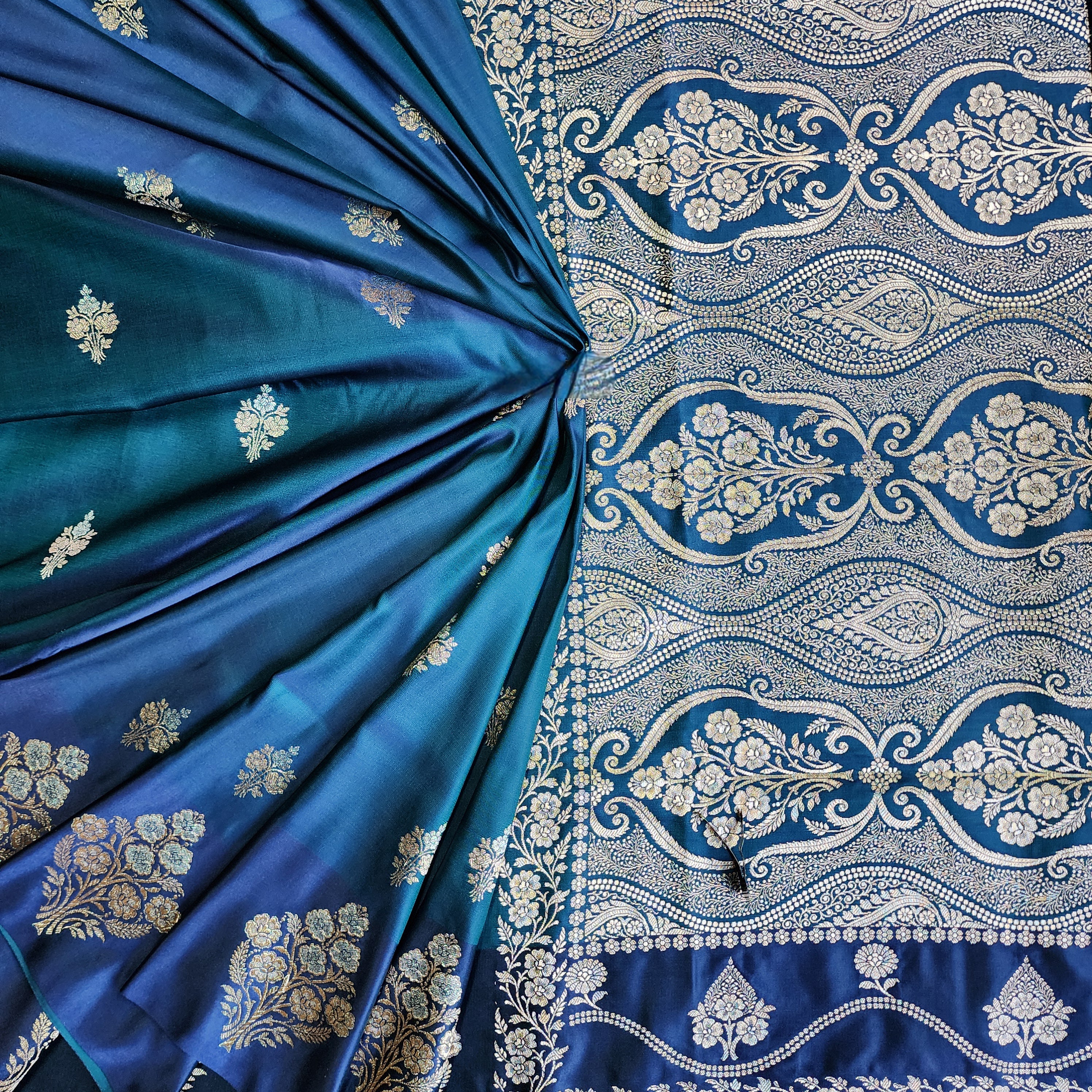 Dual-Tone Peacock Blue Pure Banarasi Katan Silk Saree
