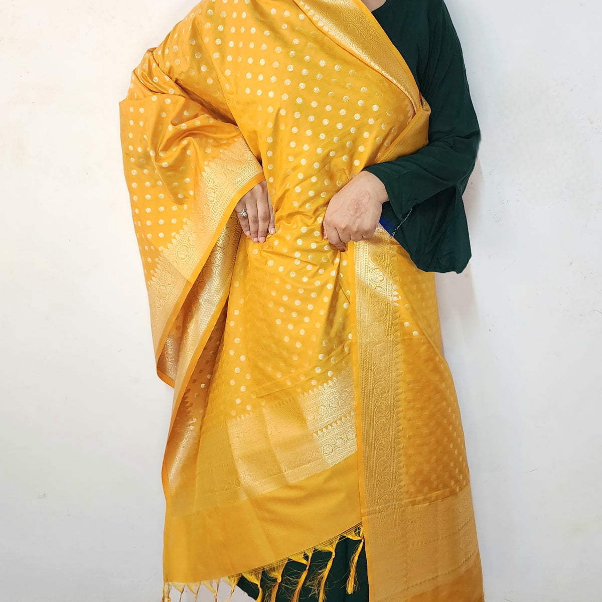 Mustard Yellow Banarasi Silk Dupatta with Gold Polka Dot