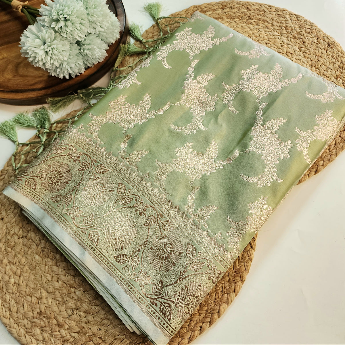 Olive Green Banarasi Katan Silk Saree with Floral Vine Jaal