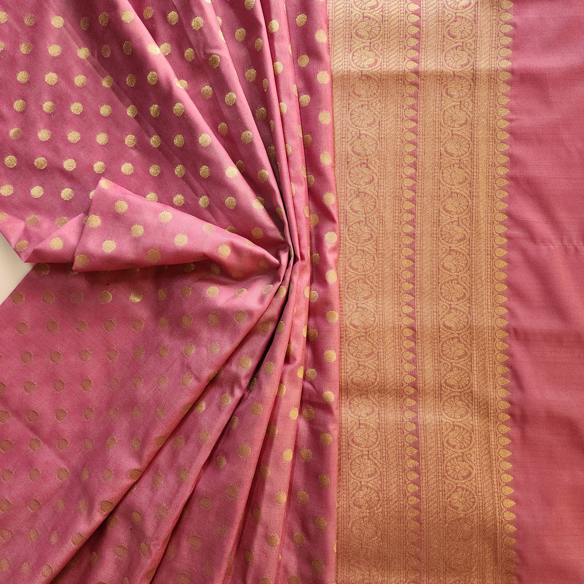 Mauve Pink Banarasi Silk Dupatta with Gold Polka Dot