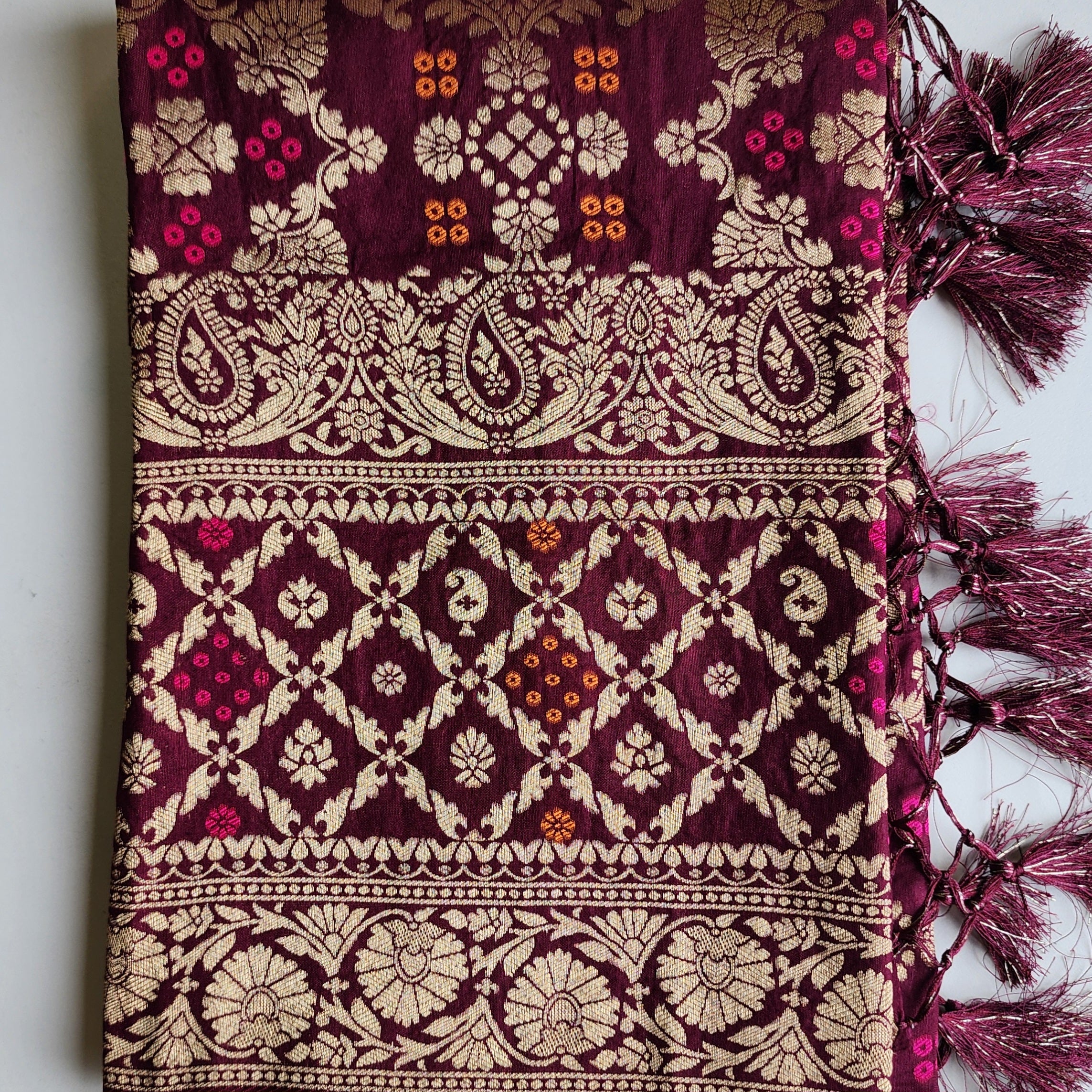 Deep Plum Bandhani Dupatta with Floral and Geometric Zari Weave