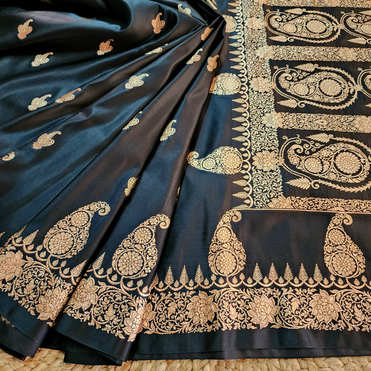 Black Paisley Katan Silk Saree with Gold Zari