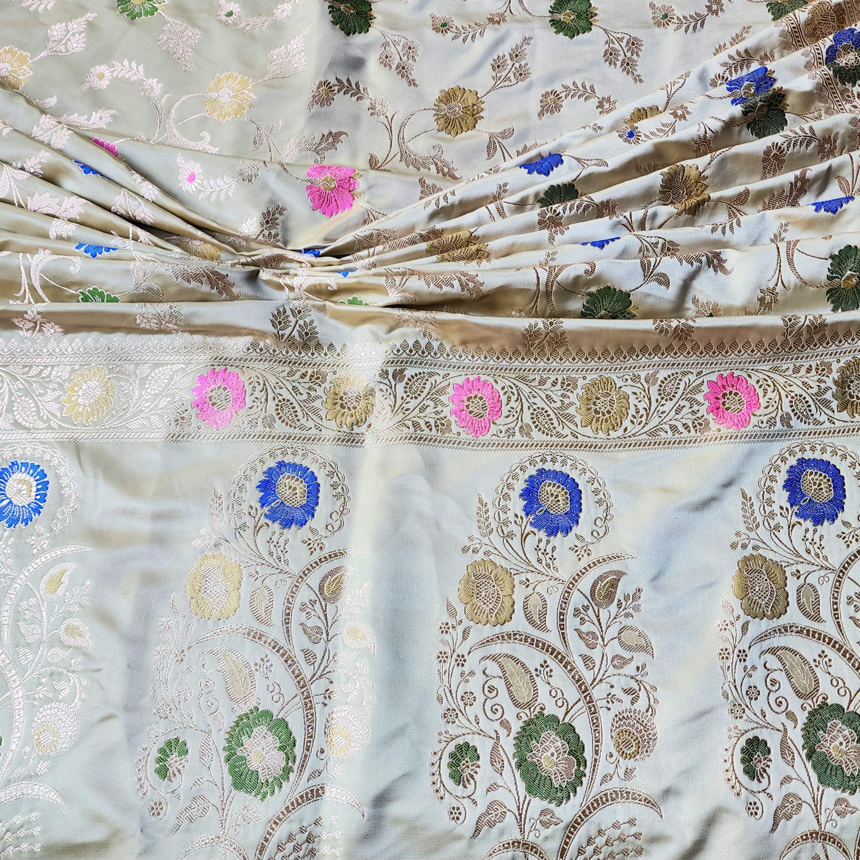 Enriched Banarasi Katan Silk Saree | Light Olive Green Multicolor Meenakari Floral Jaal