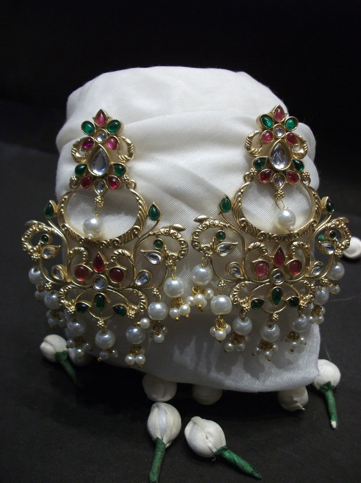 Royal Ornate Red and Green Stone Drop Earrings with Pearl Accents