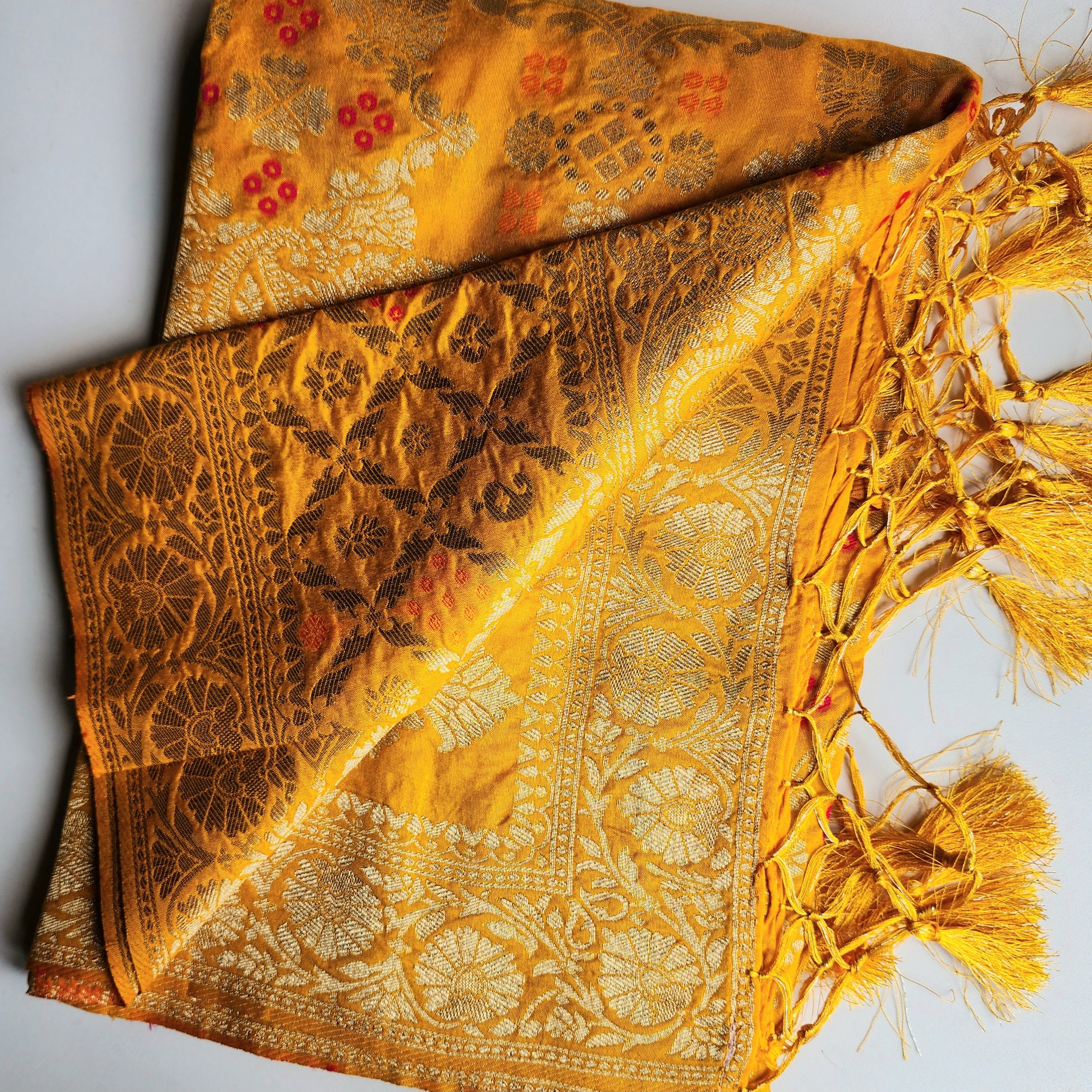 Mustard Gold Bandhani Dupatta with Floral and Geometric Zari Weave