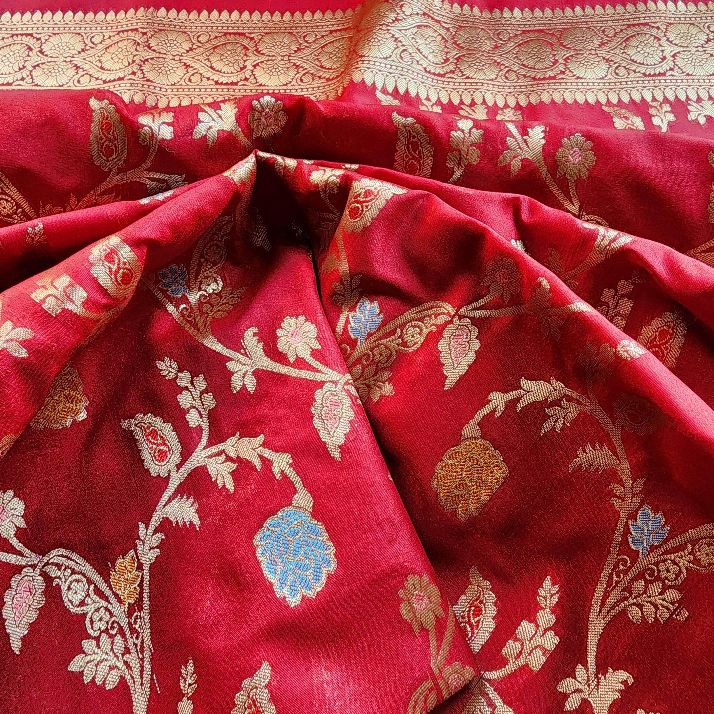 Maroon Banarasi Silk Dupatta with Gold Zari Border & Multicolor Meenakari Work