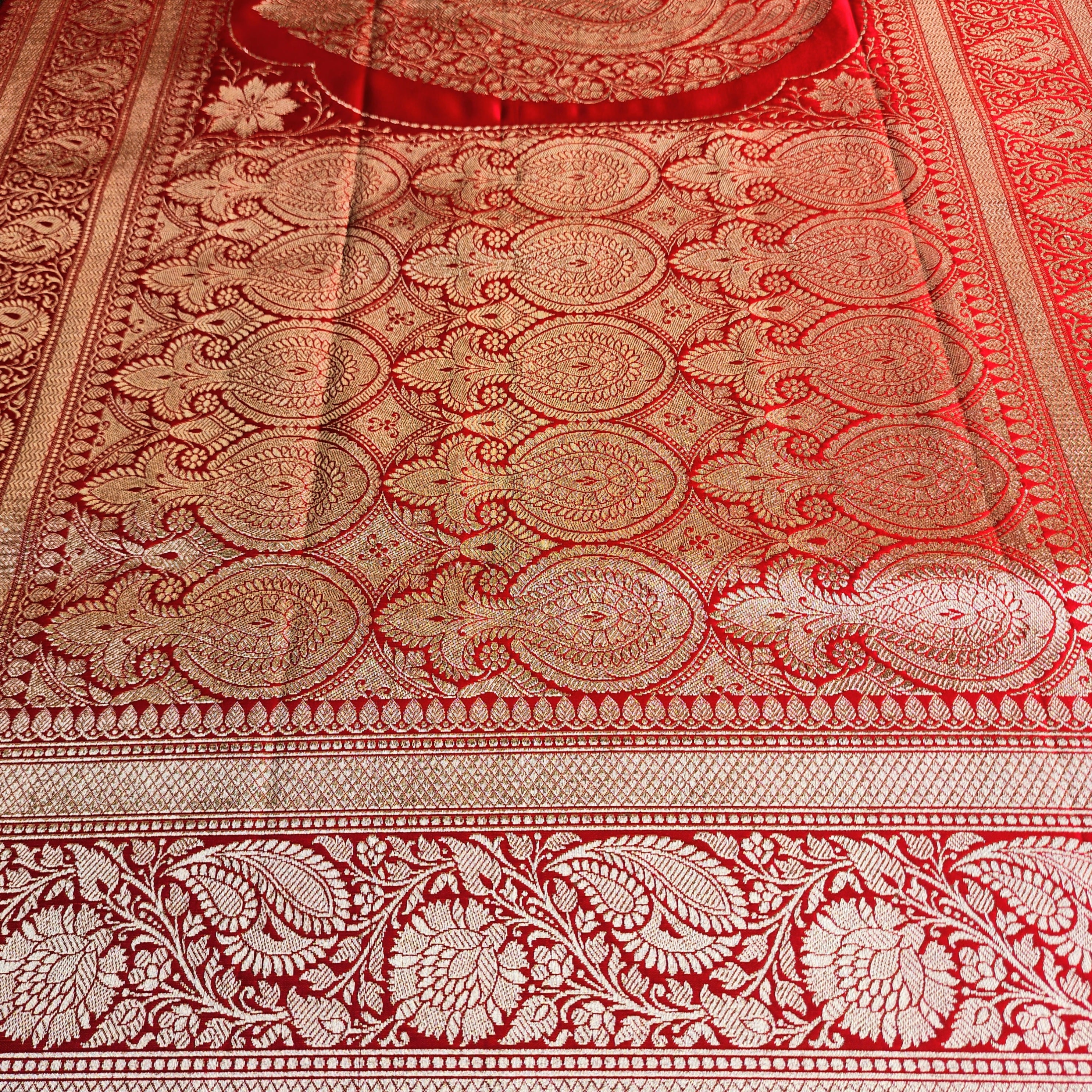 Rich Vermilion Red Pure Banarasi Katan Silk Saree with light Gold Zari Weaving
