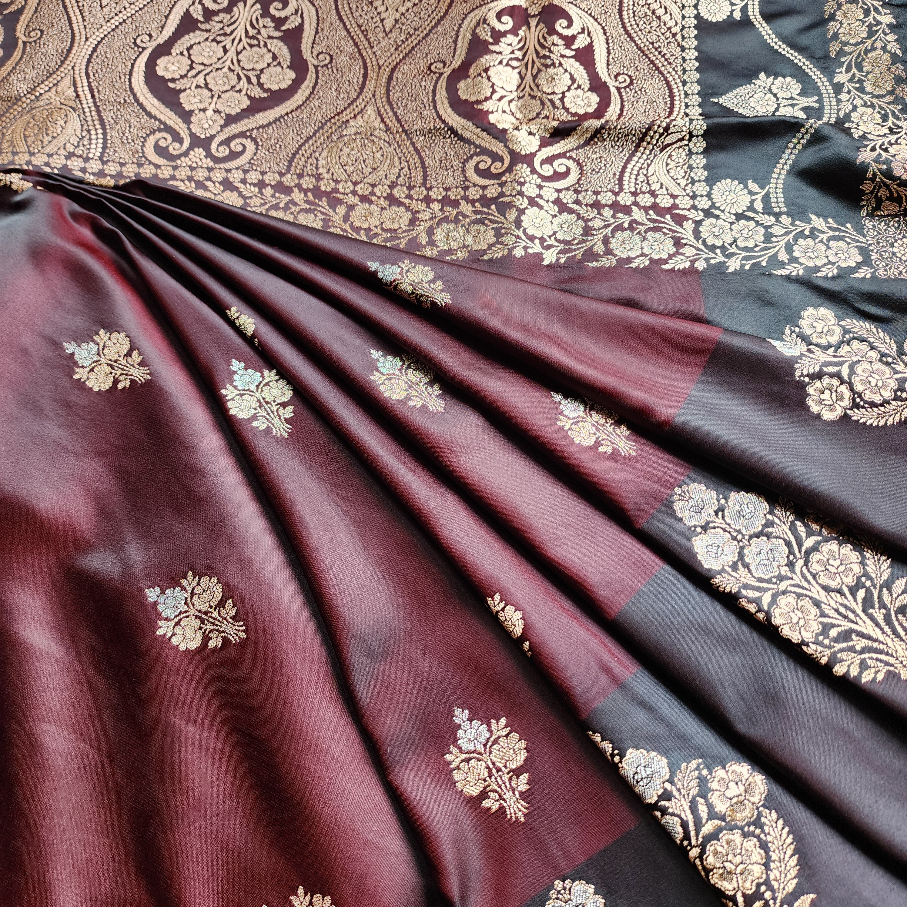 Dual-Tone Maroon Pure Banarasi Katan Silk Saree