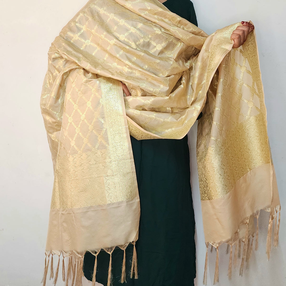 Banarasi Tapetta Silk - Champagne Zari Jaal Dupatta