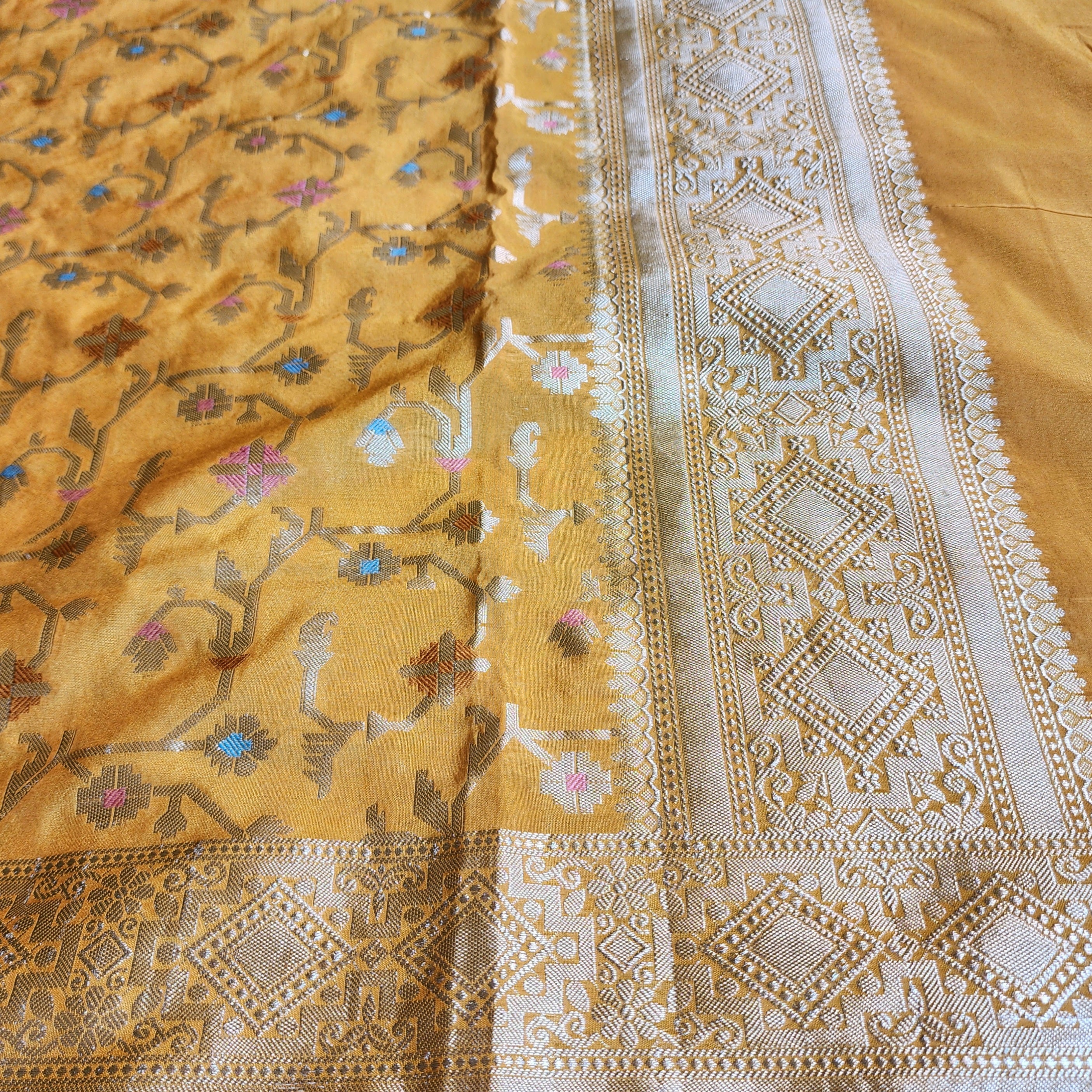 Golden Grid Banarasi Silk Dupatta with Meenakari Work in Mustard Yellow