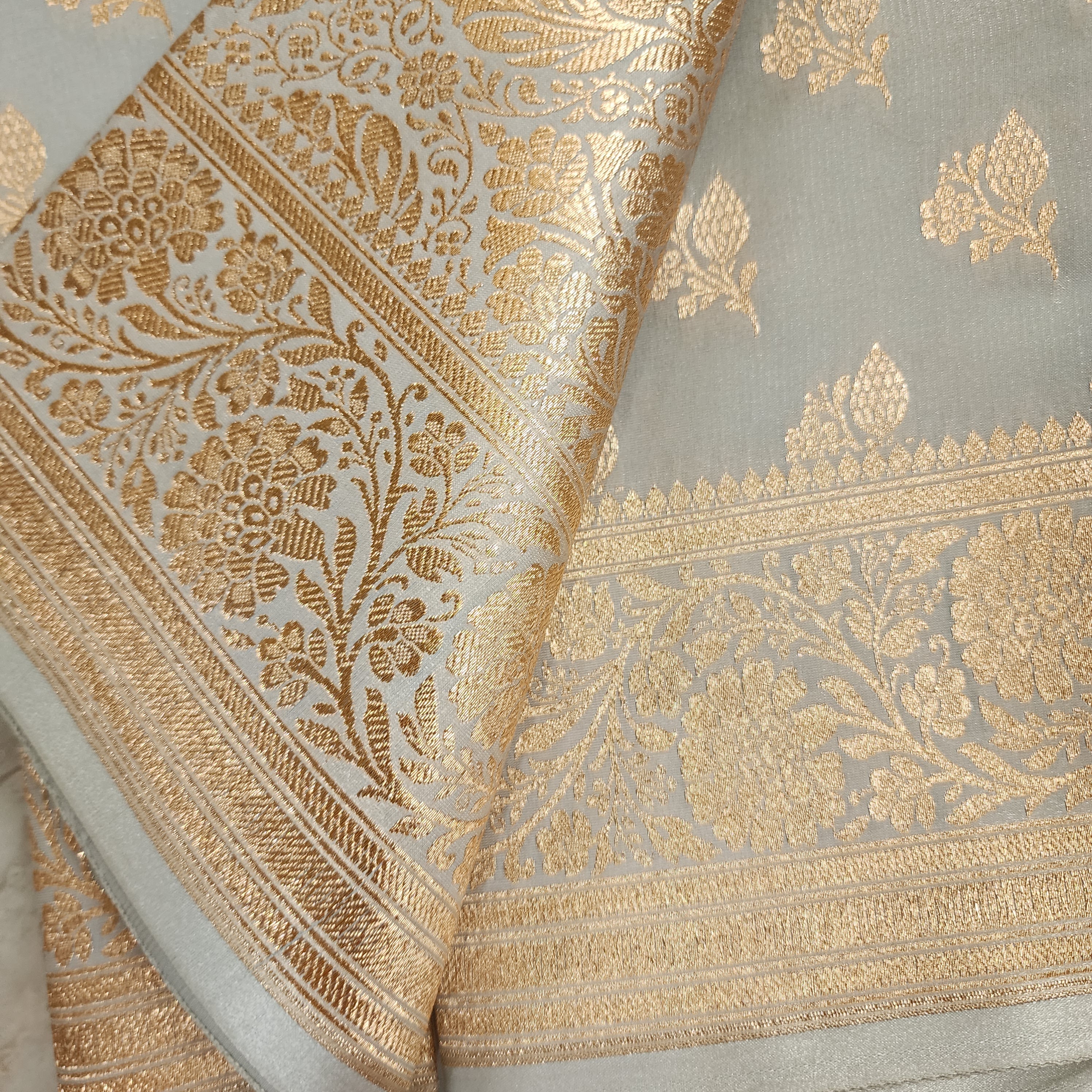 Rich Silver Grey Banarasi Silk Saree with Gold Zari Weaving