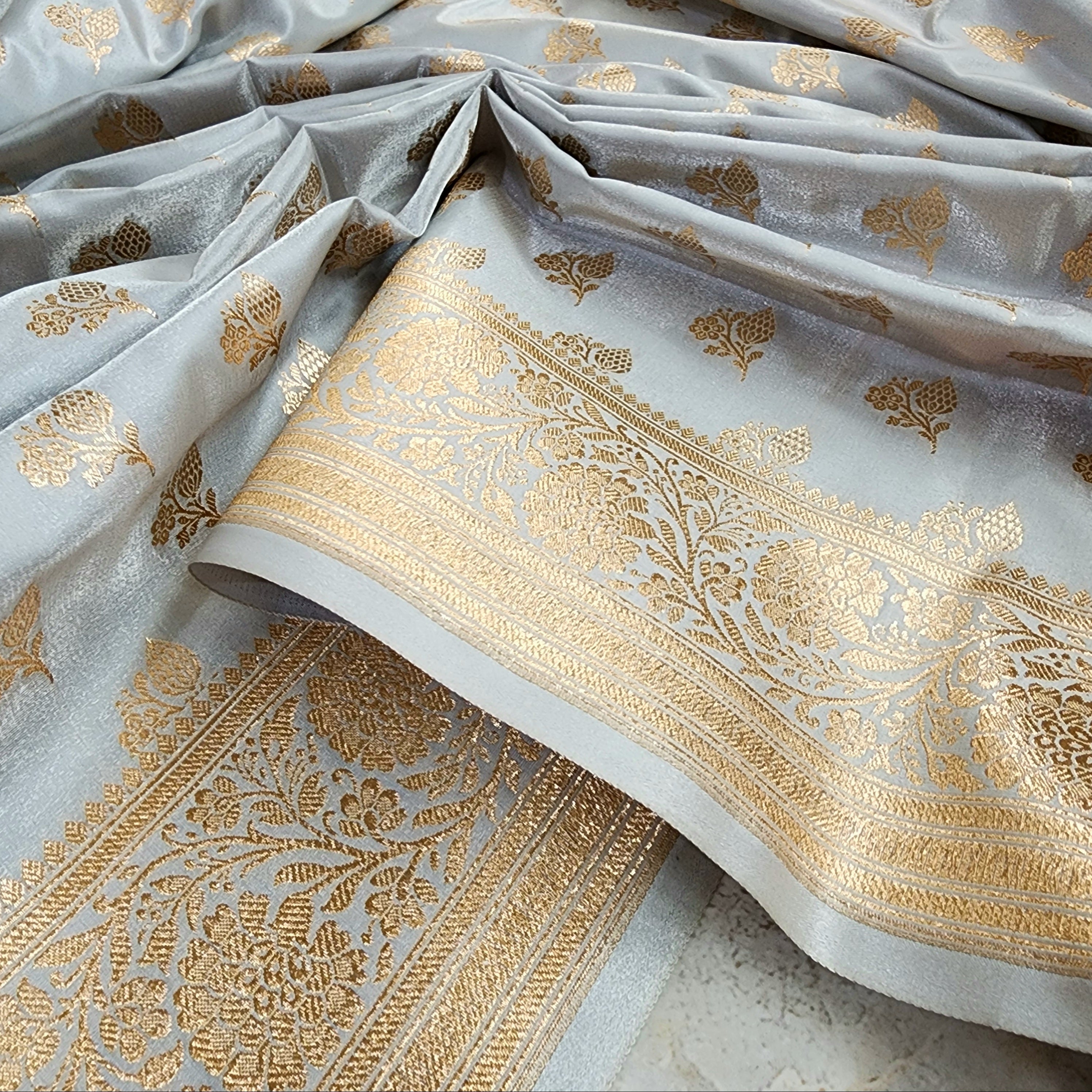 Rich Silver Grey Banarasi Silk Saree with Gold Zari Weaving
