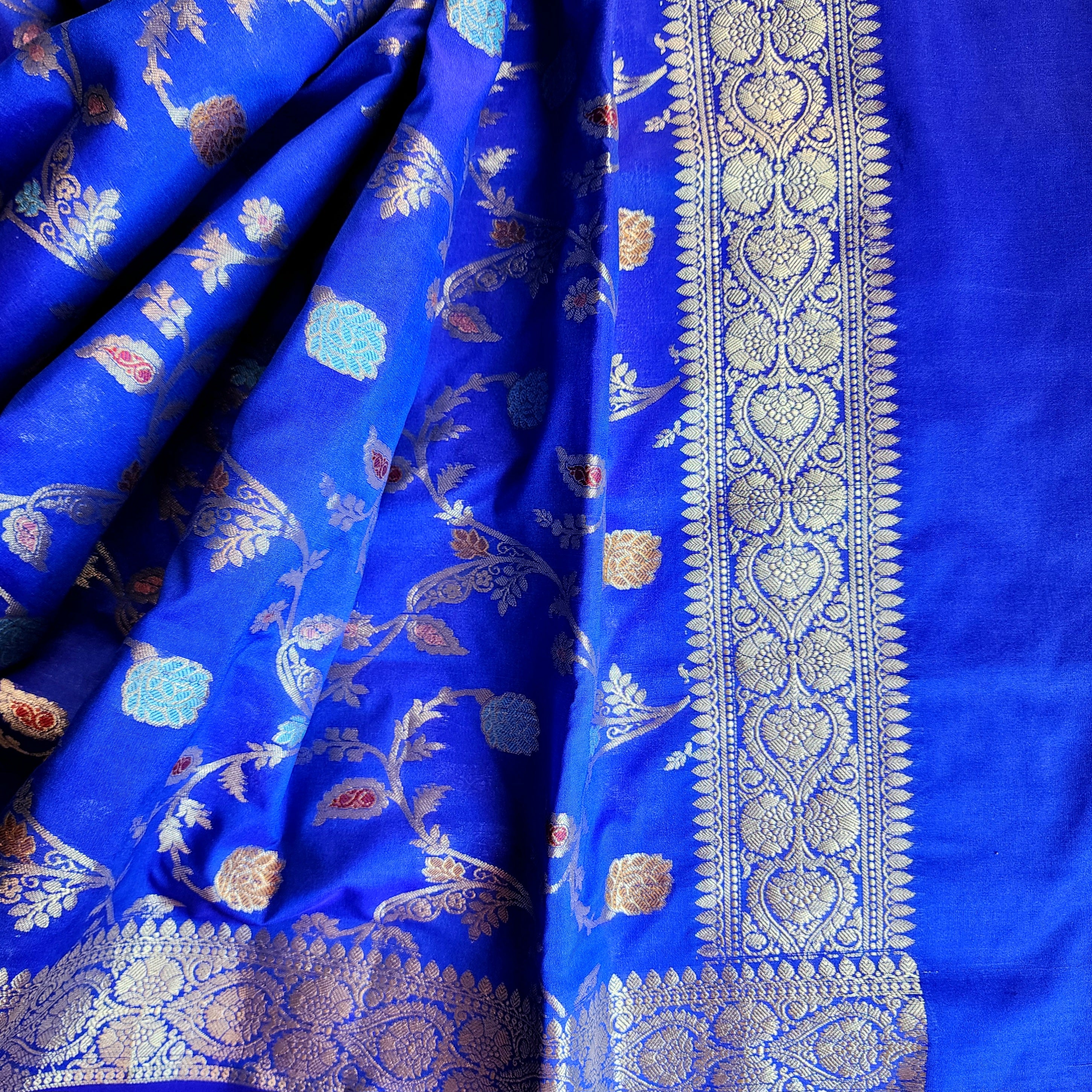 Royal Blue Banarasi Silk Dupatta with Gold Zari Border & Multicolor Meenakari Work