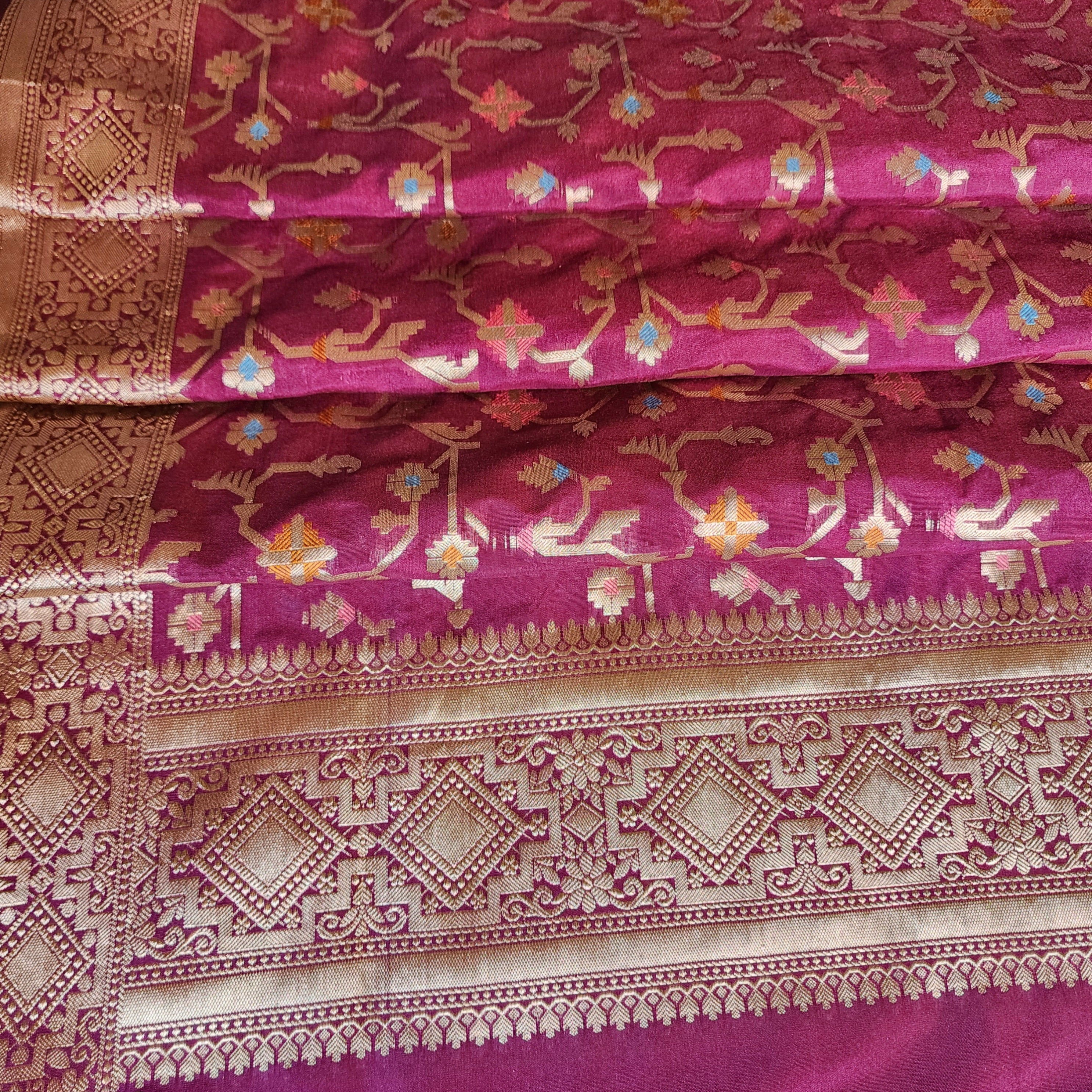 Golden Grid Banarasi Silk Dupatta with Meenakari Work in Deep Purple
