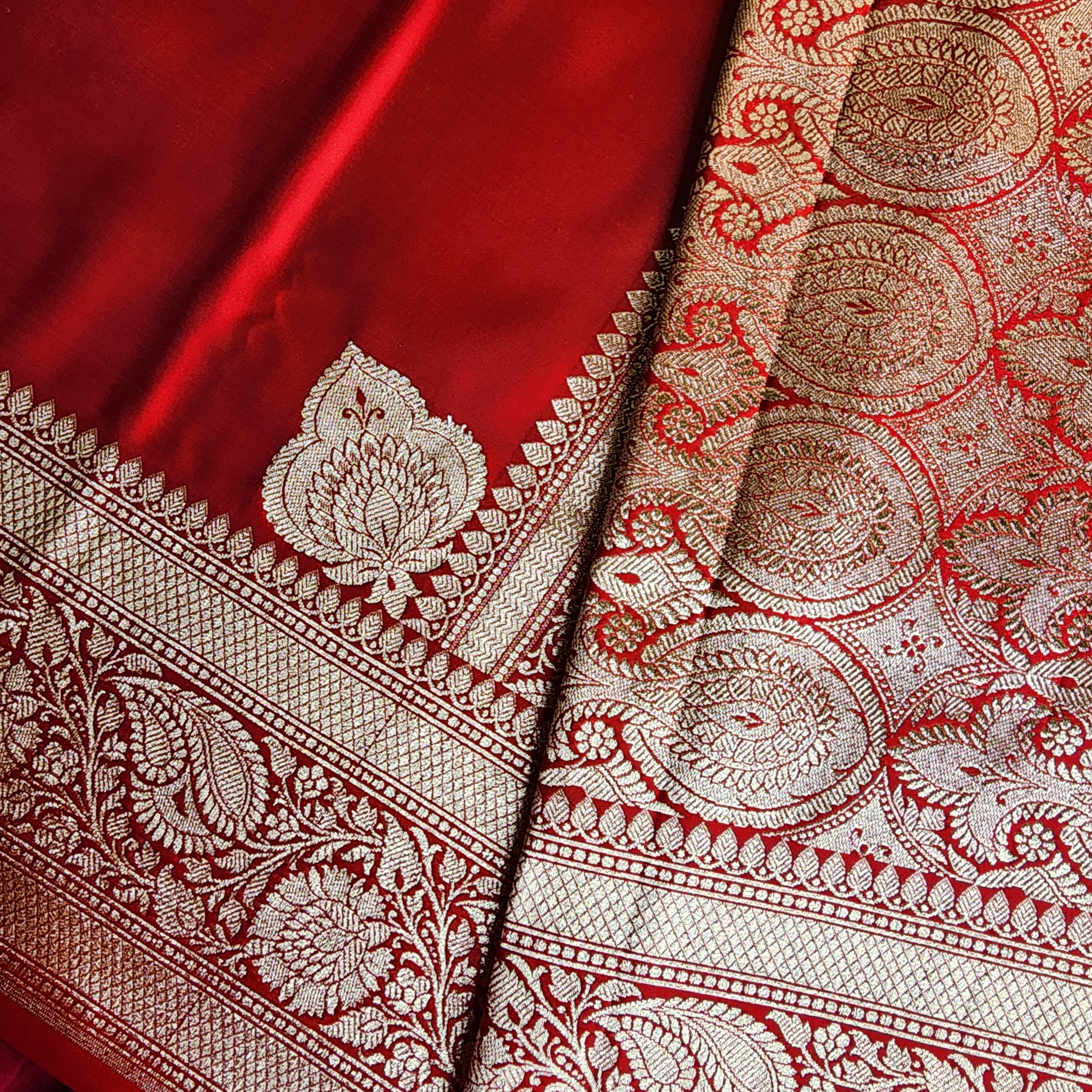 Rich Ruby Red Pure Banarasi Katan Silk Saree with light Gold Zari Weaving