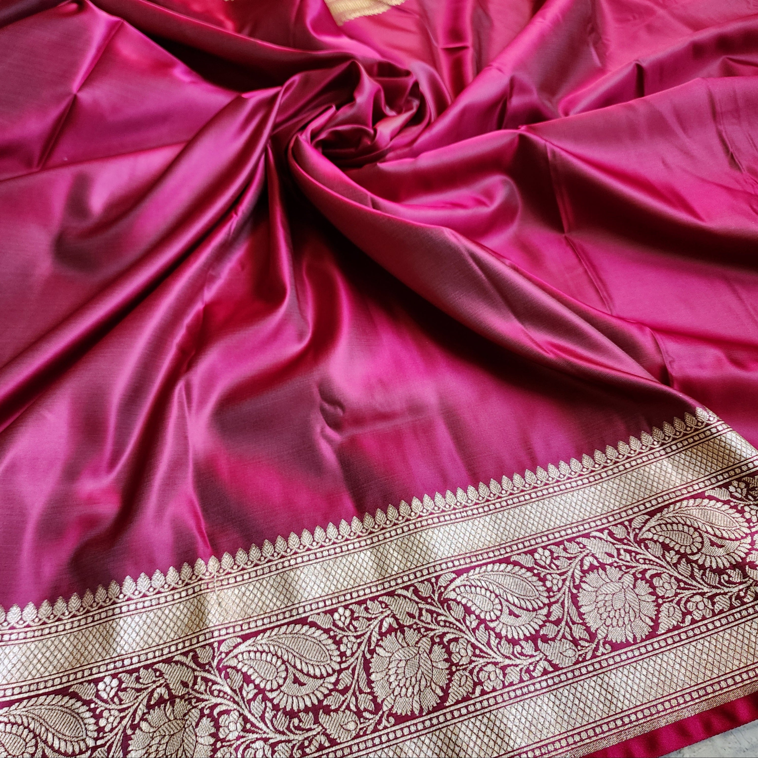 Hot Pink Pure Banarasi Katan Silk Saree with light Gold Zari Weaving