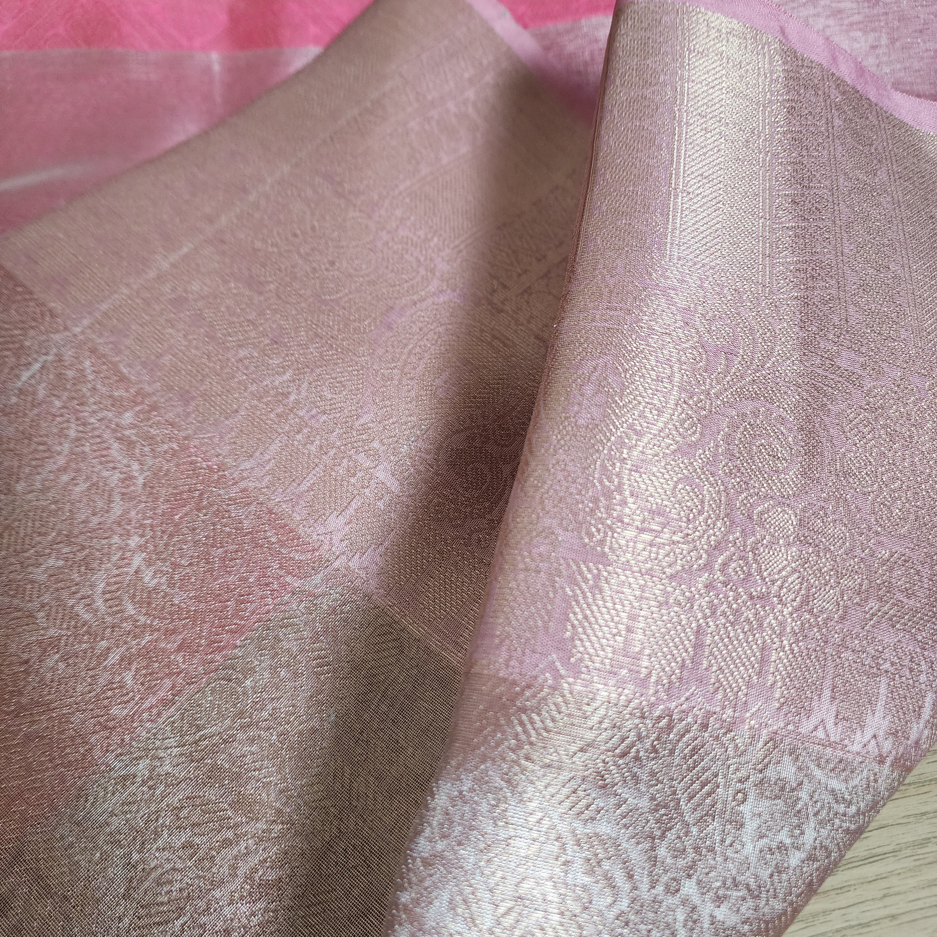 Unique Coral Pink & Beige Kanjivaram style Banarasi Tissue Saree