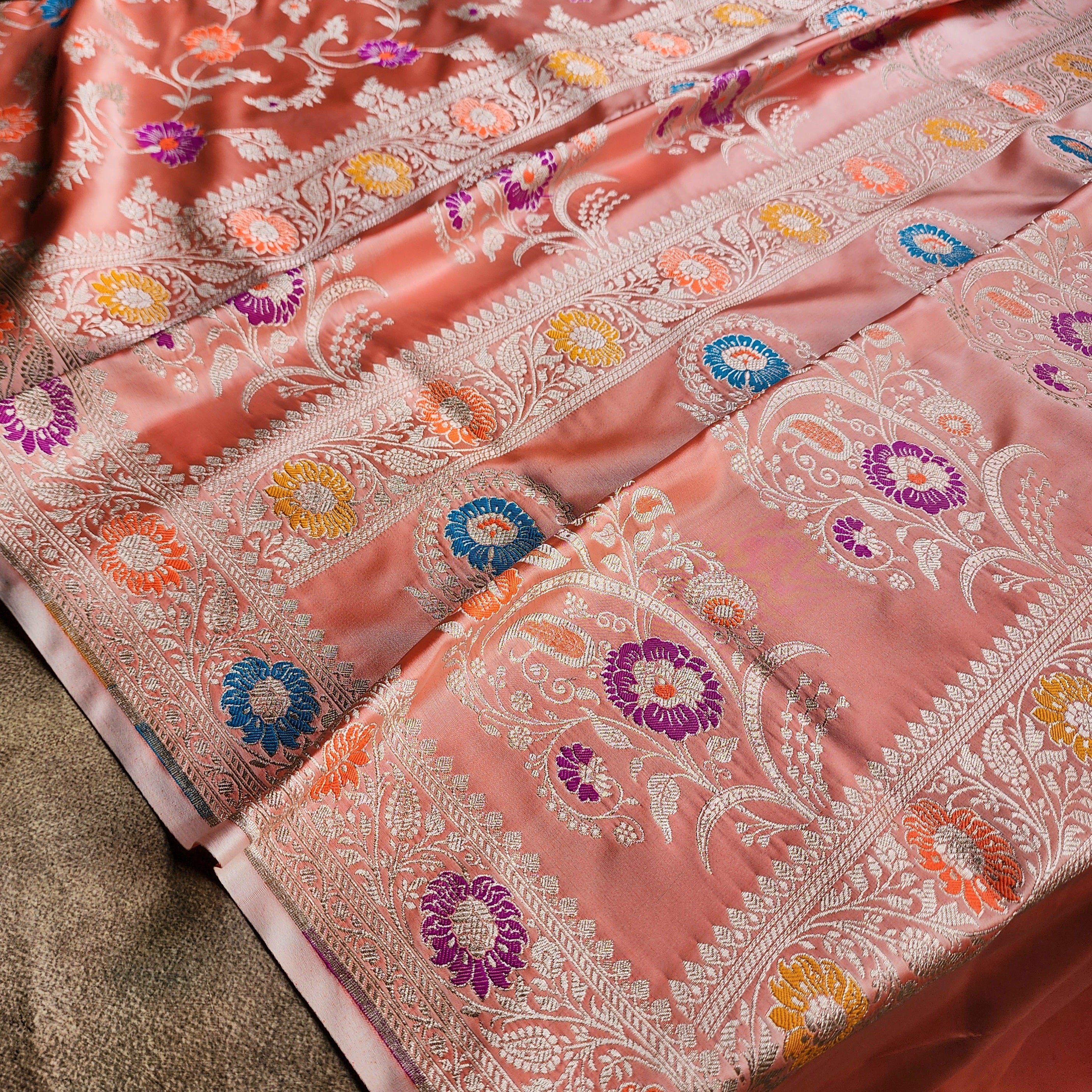 Enriched Banarasi Katan Silk Saree | Peach Multicolor Meenakari Floral Jaal
