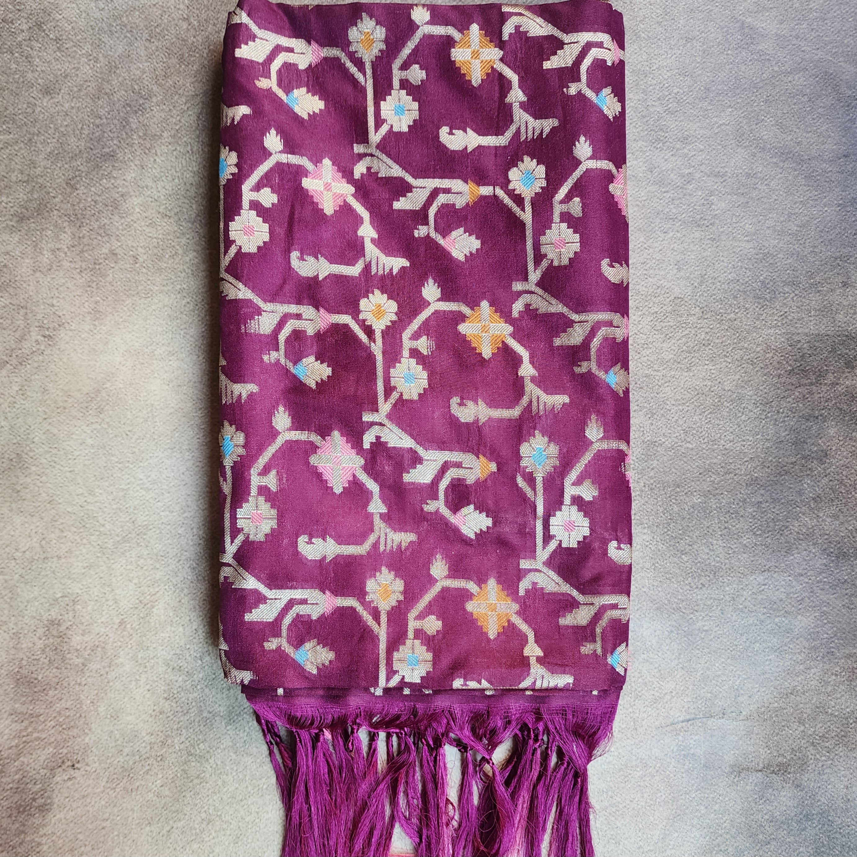 Golden Grid Banarasi Silk Dupatta with Meenakari Work in Deep Purple