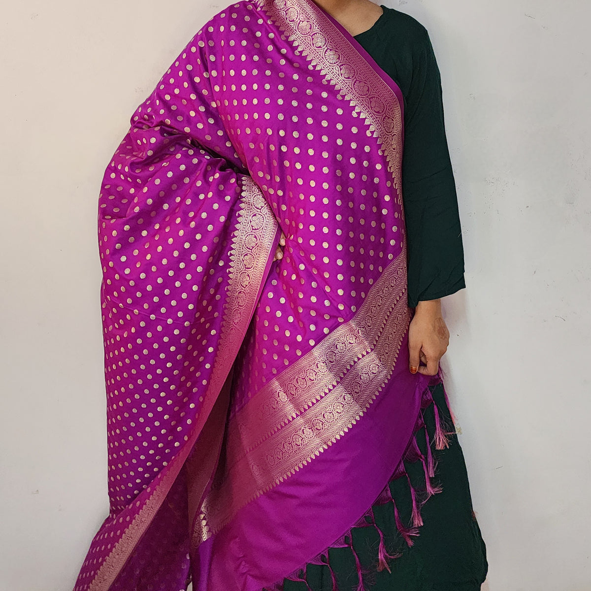 Magenta Purple Banarasi Silk Dupatta with Gold Polka Dot