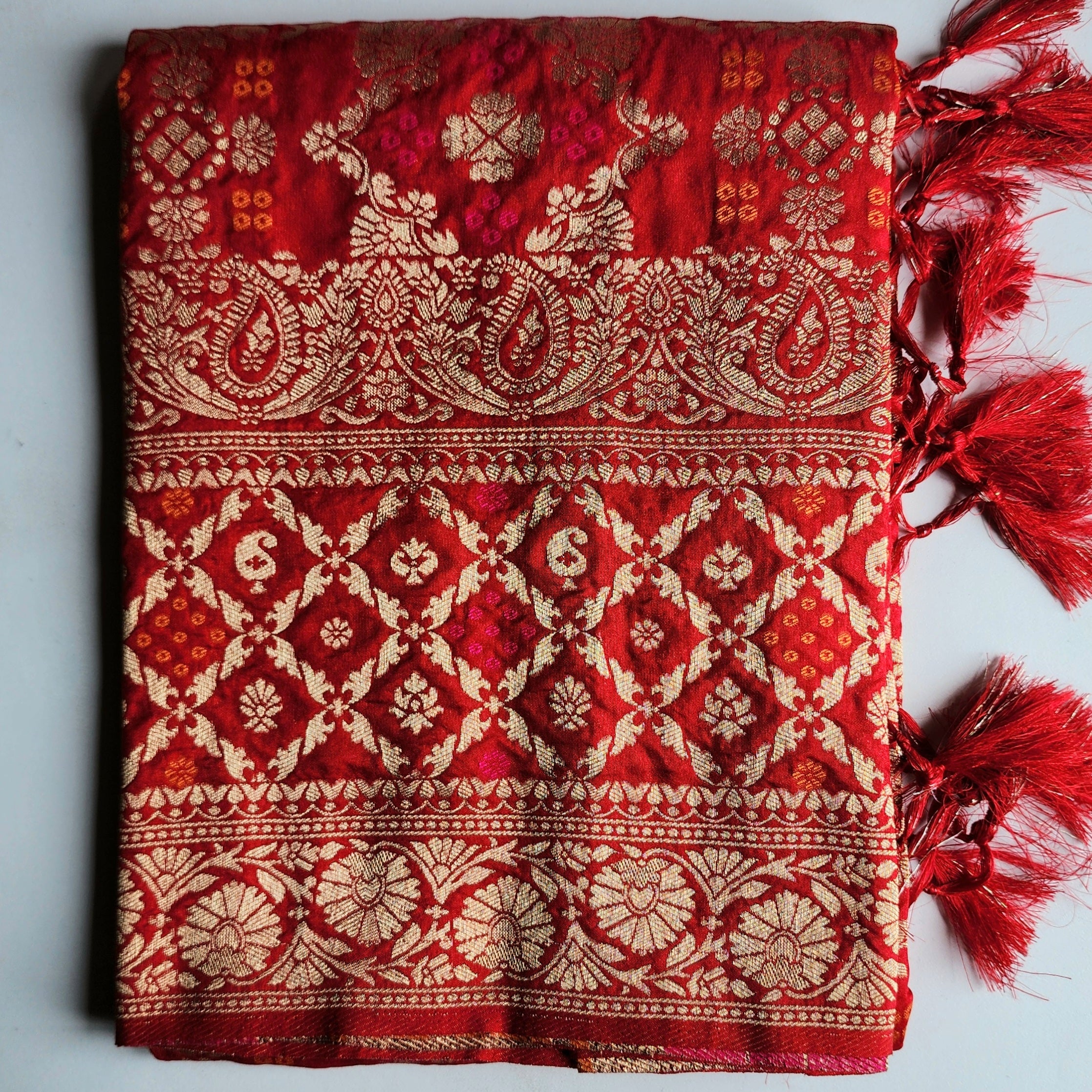 Deep Ruby Red Bandhani Dupatta with Floral and Geometric Zari Weave