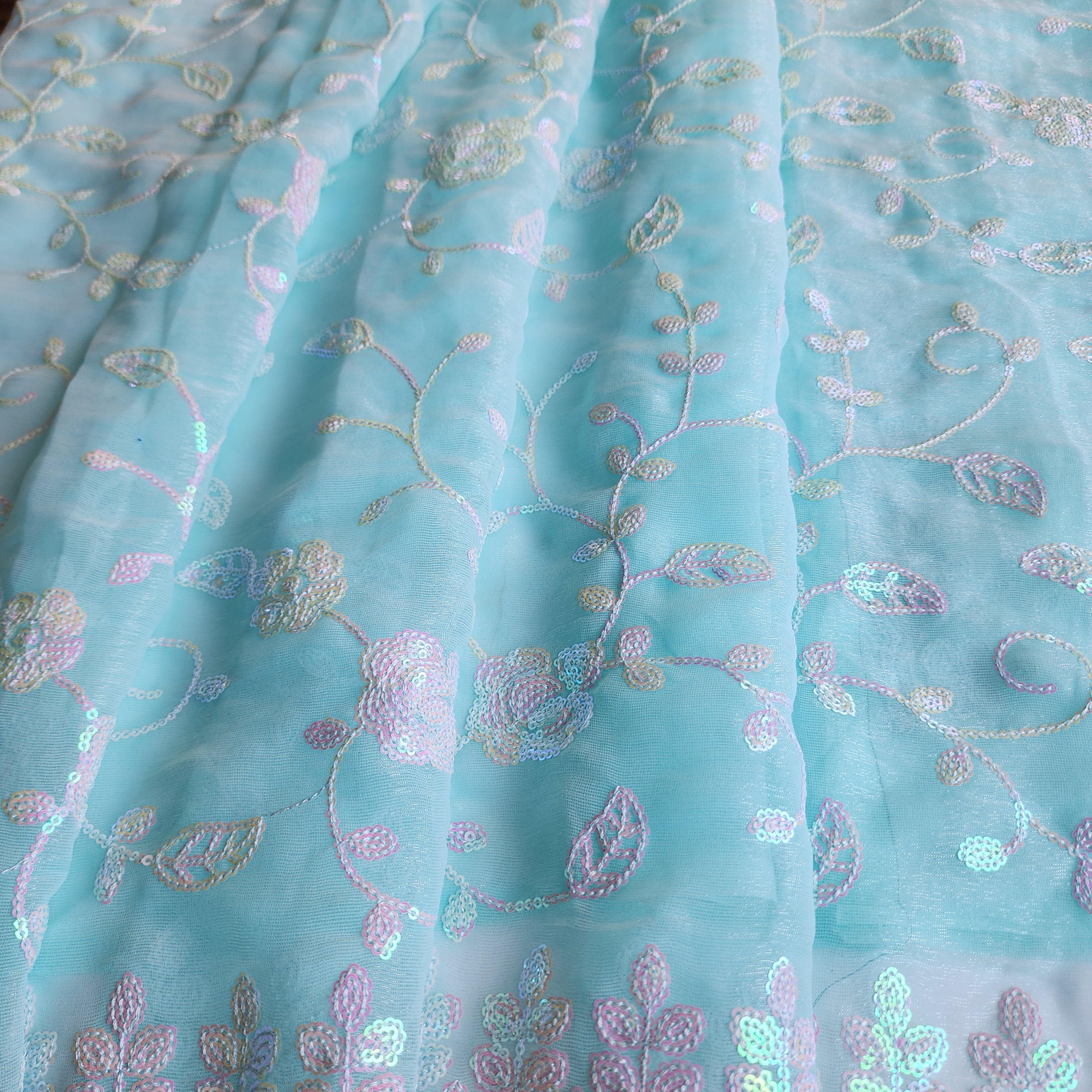 Georgette Designer Sequinned Saree - Mint Aqua