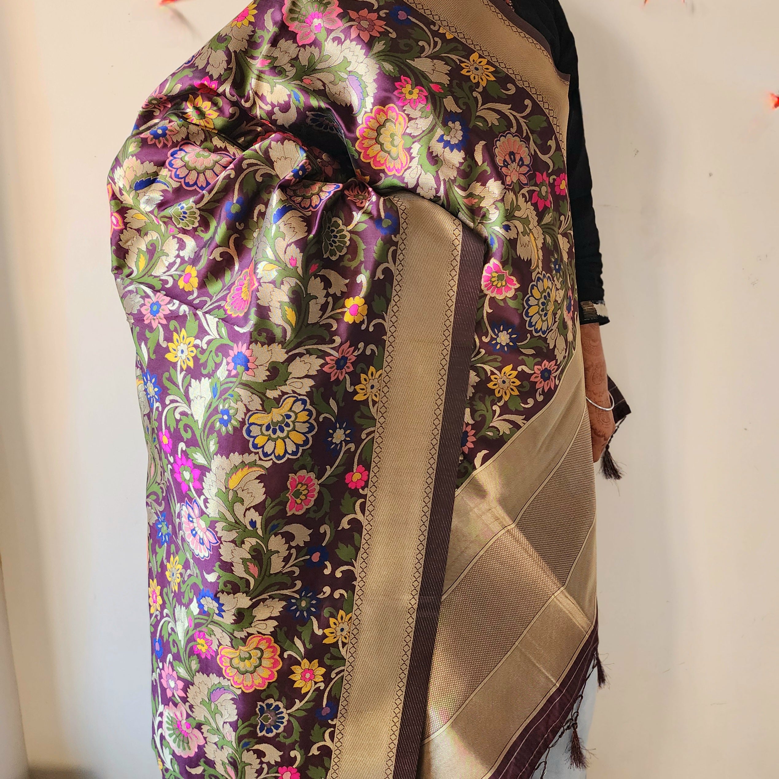 Banarasi Silk Dark Wine Dupatta with Multicolor & Gold Floral Handweaving
