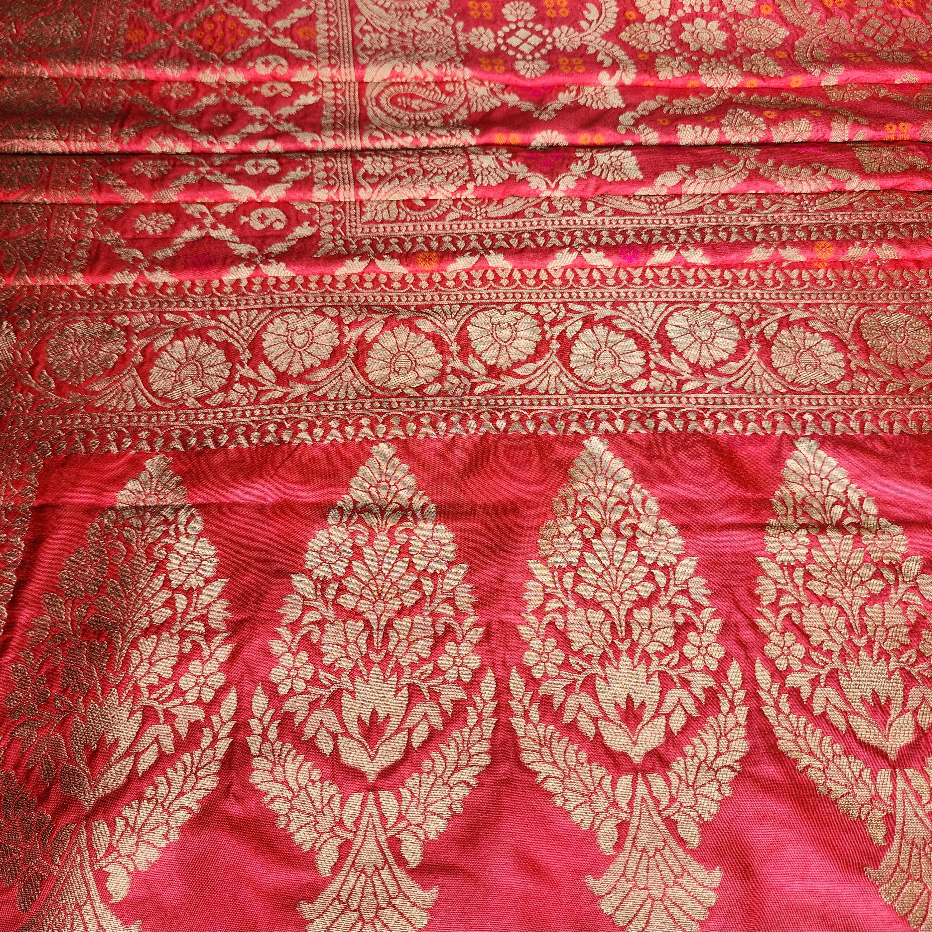 Rose Pink Bandhani Dupatta with Floral and Geometric Zari Weave