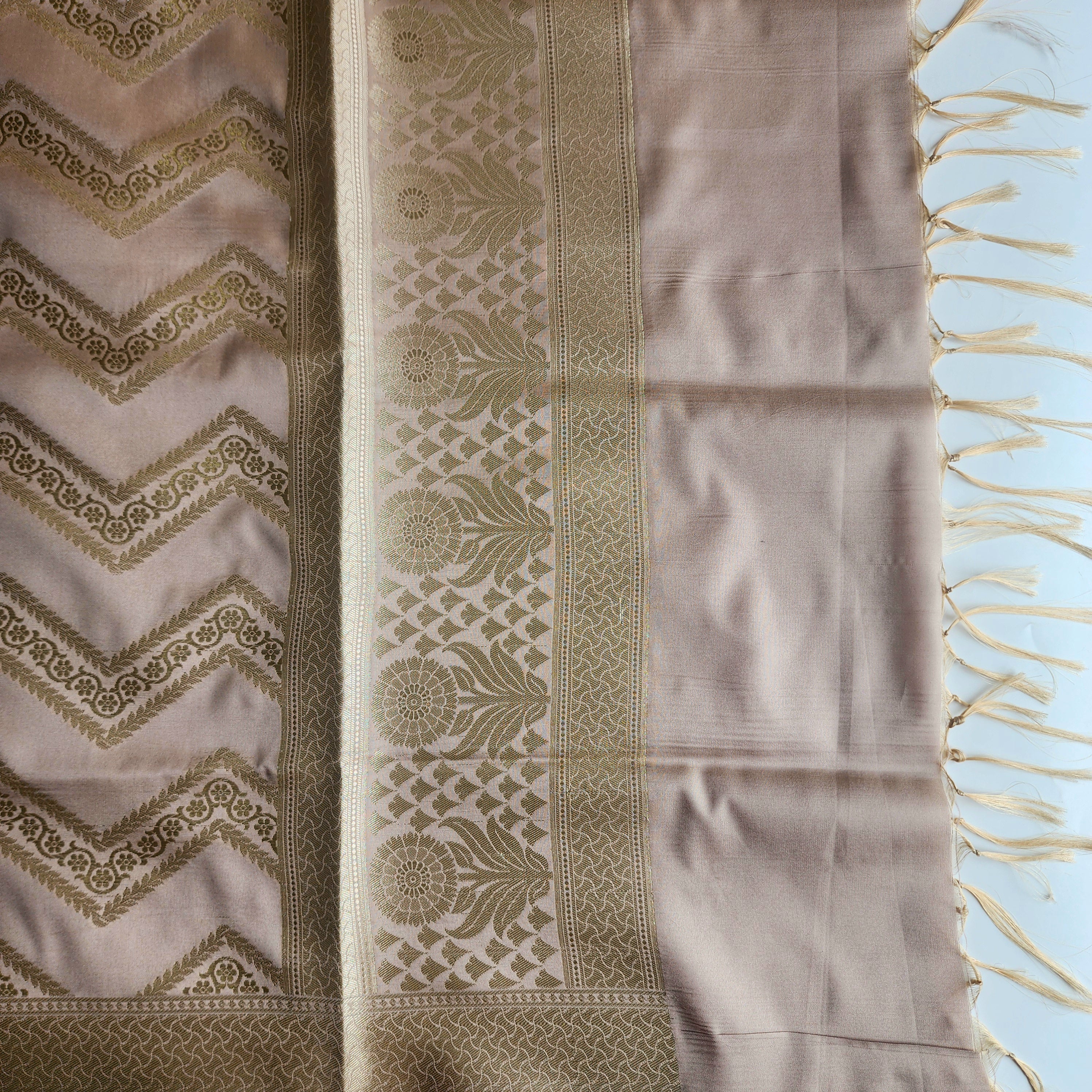 Light Mushroom Banarasi Dupatta with Golden Zigzag Pattern
