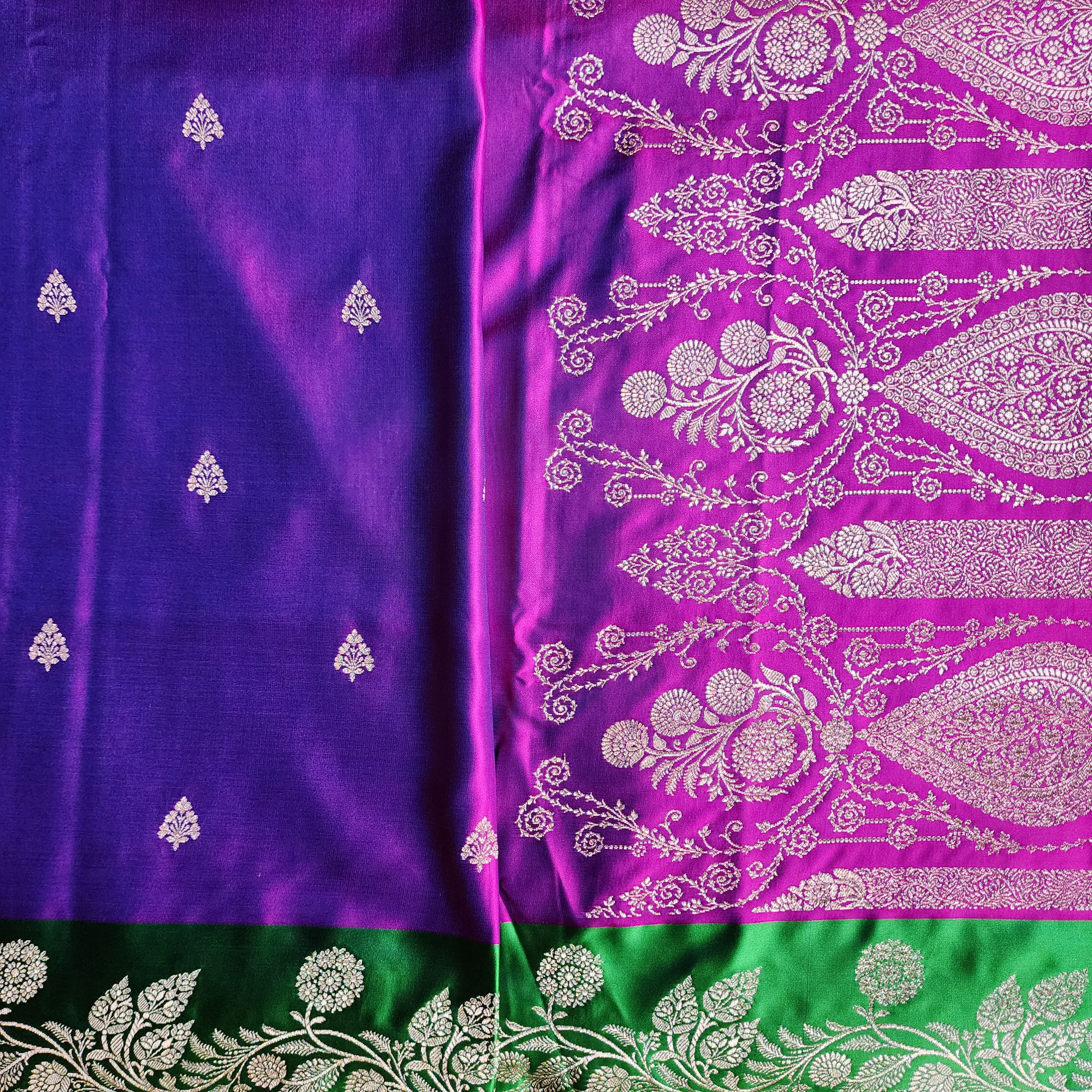 Royal Purple Pure Banarasi Katan Silk Saree with Leaf Green Border