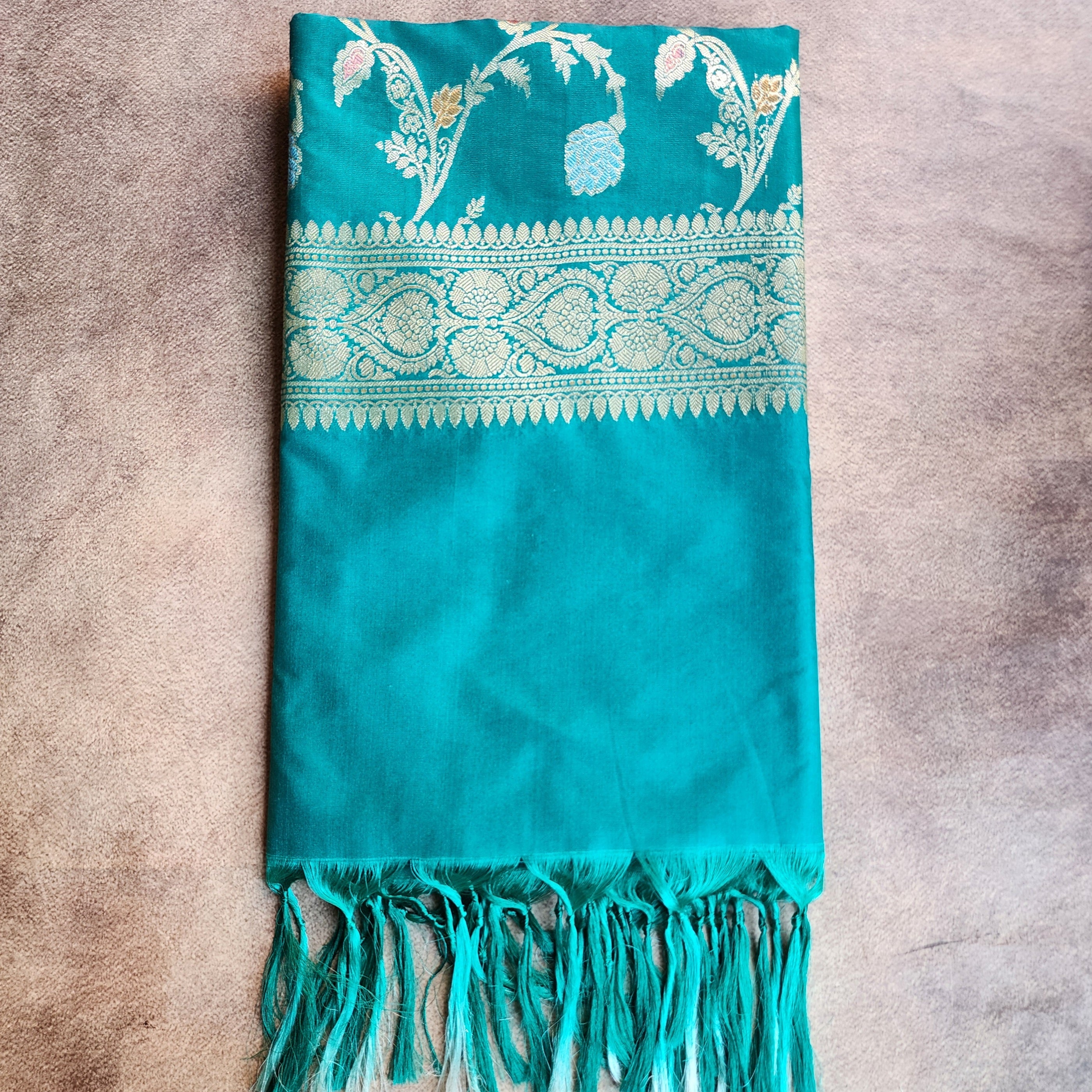 Teal Green Banarasi Silk Dupatta with Gold Zari Border & Multicolor Meenakari Work