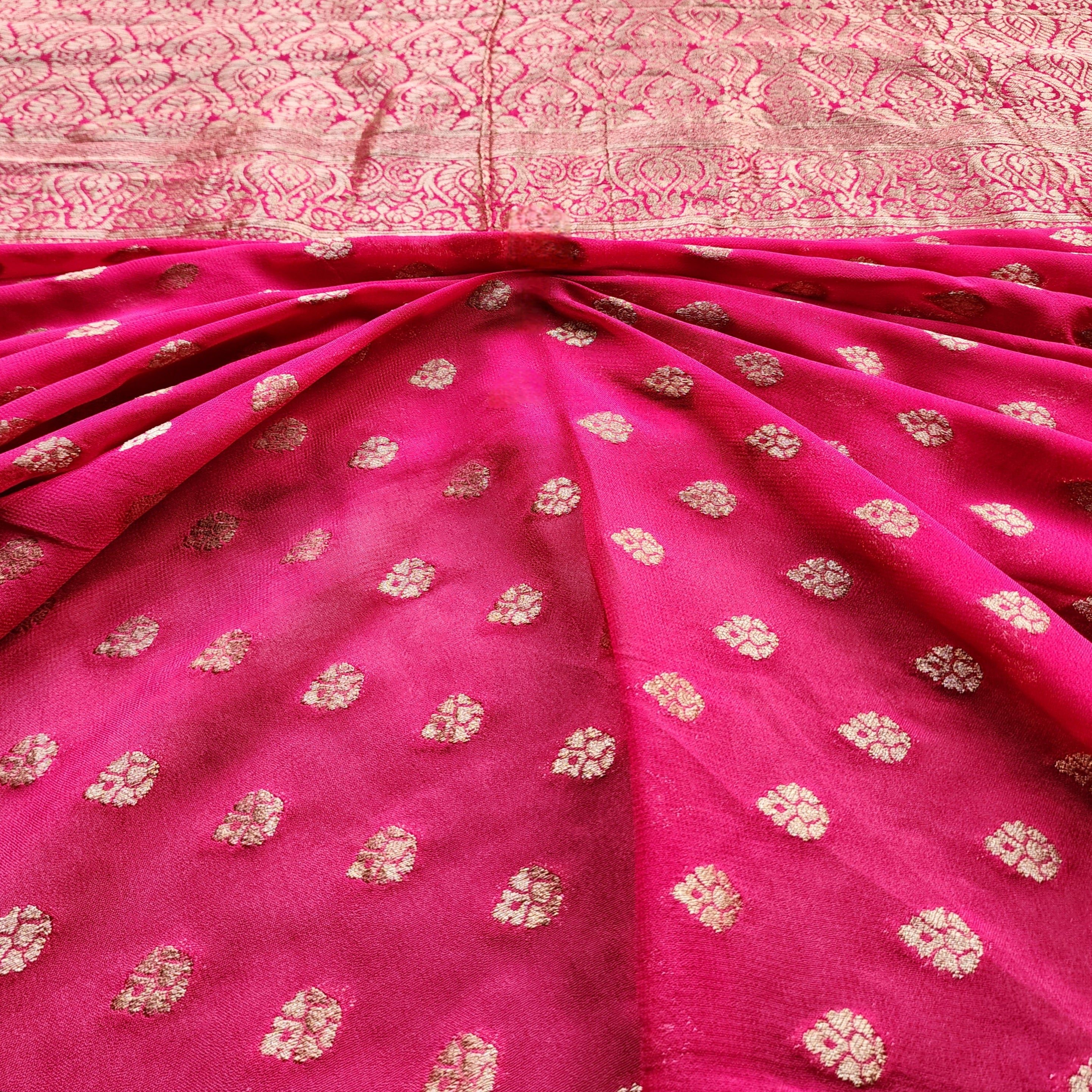 Radish Pink Khaddi Georgette Pure Banarasi Saree with Golden Zari
