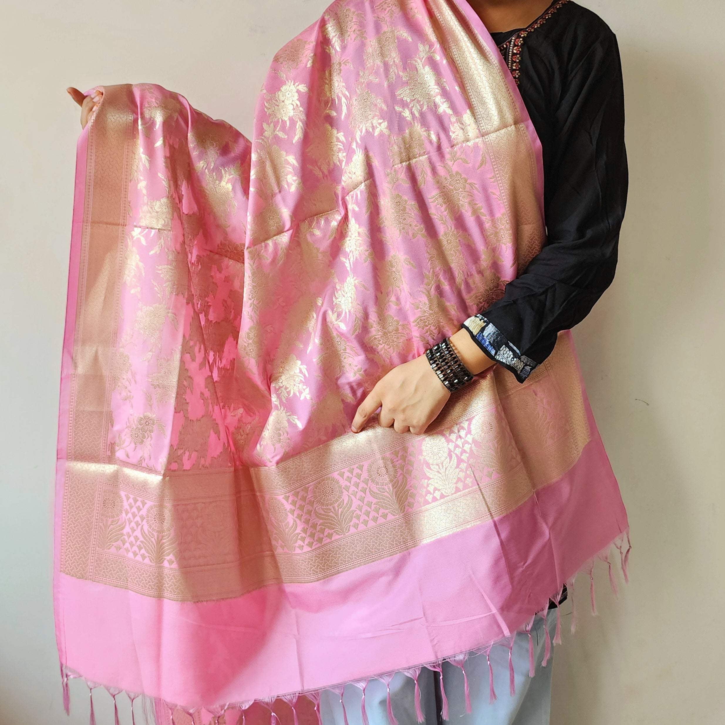 Vibrant Pink Banarasi Dupatta - Floral Brocade Zari