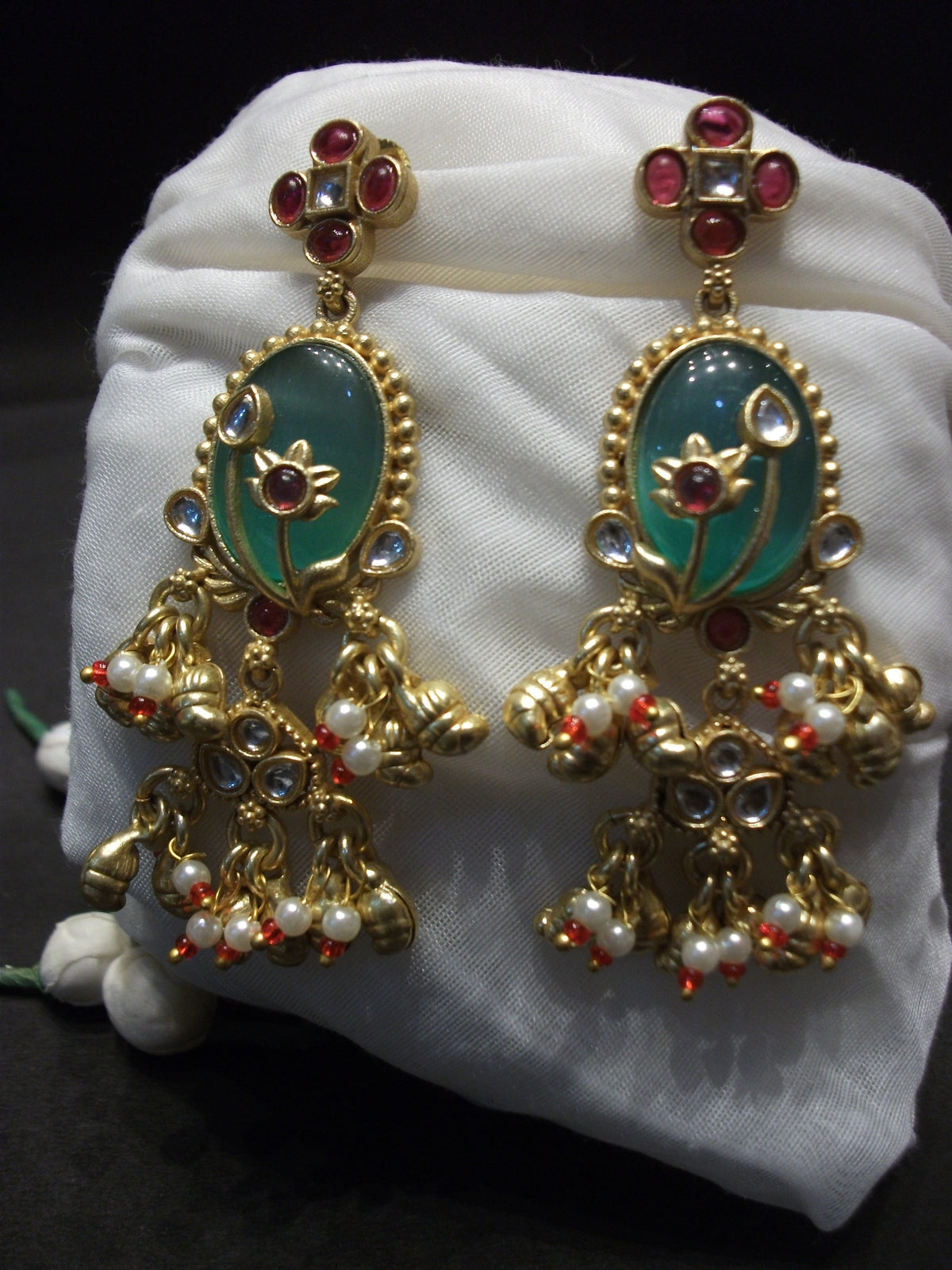 Antique Gold Oval Green Cabochon Statement Earrings