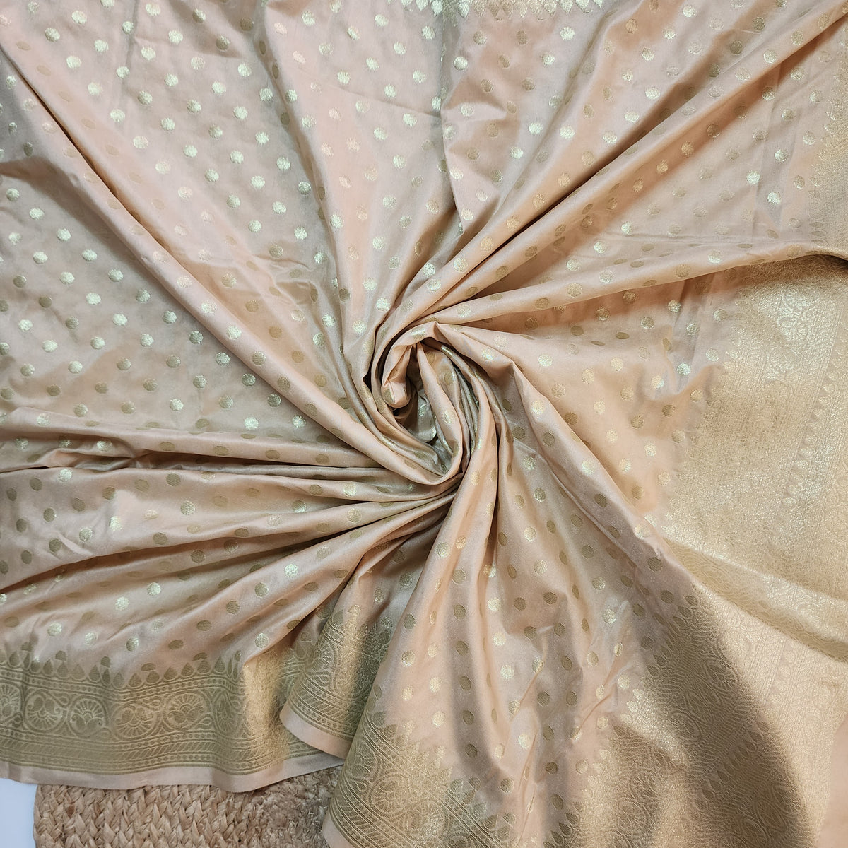 Champagne Beige Banarasi Silk Dupatta with Gold Polka Dot