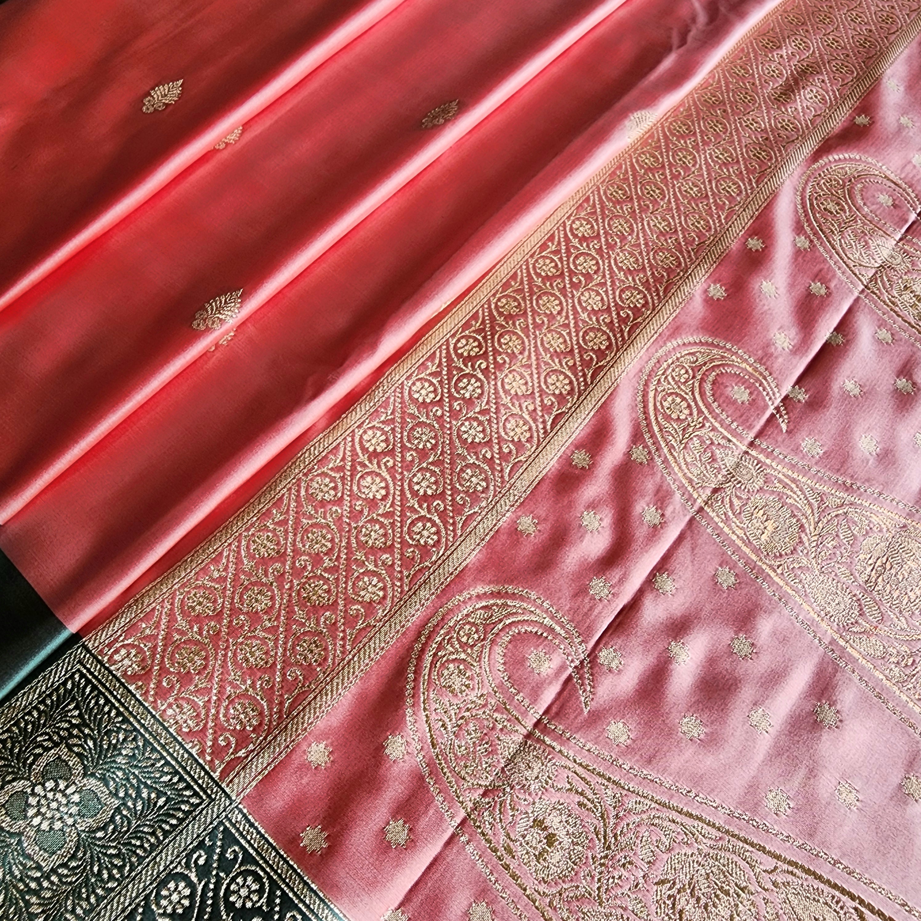 Rose Pink Katan Silk Saree with Teal Blue Gold Zari Border