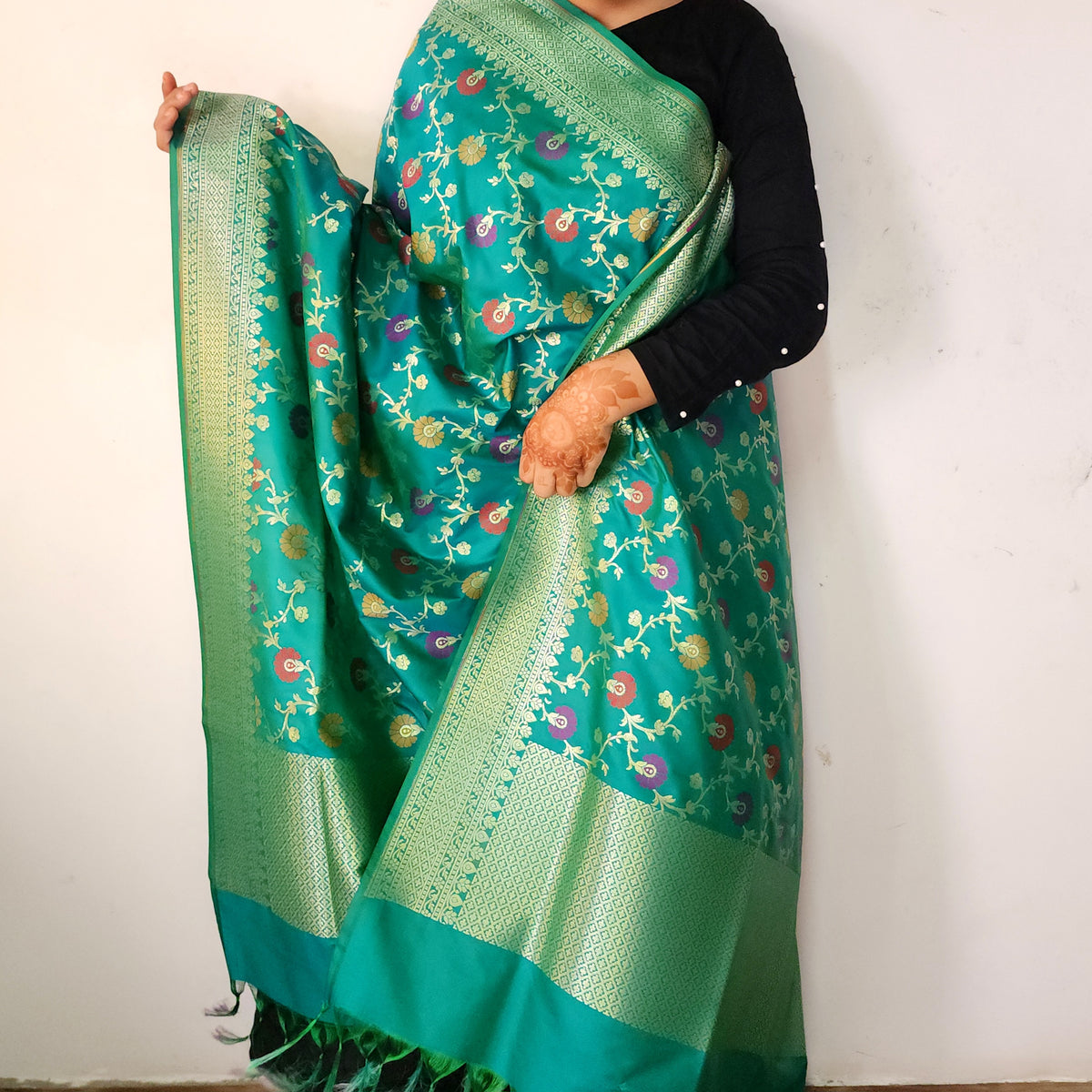 Banarasi Silk Floral Jaal Dupatta - Deep Teal