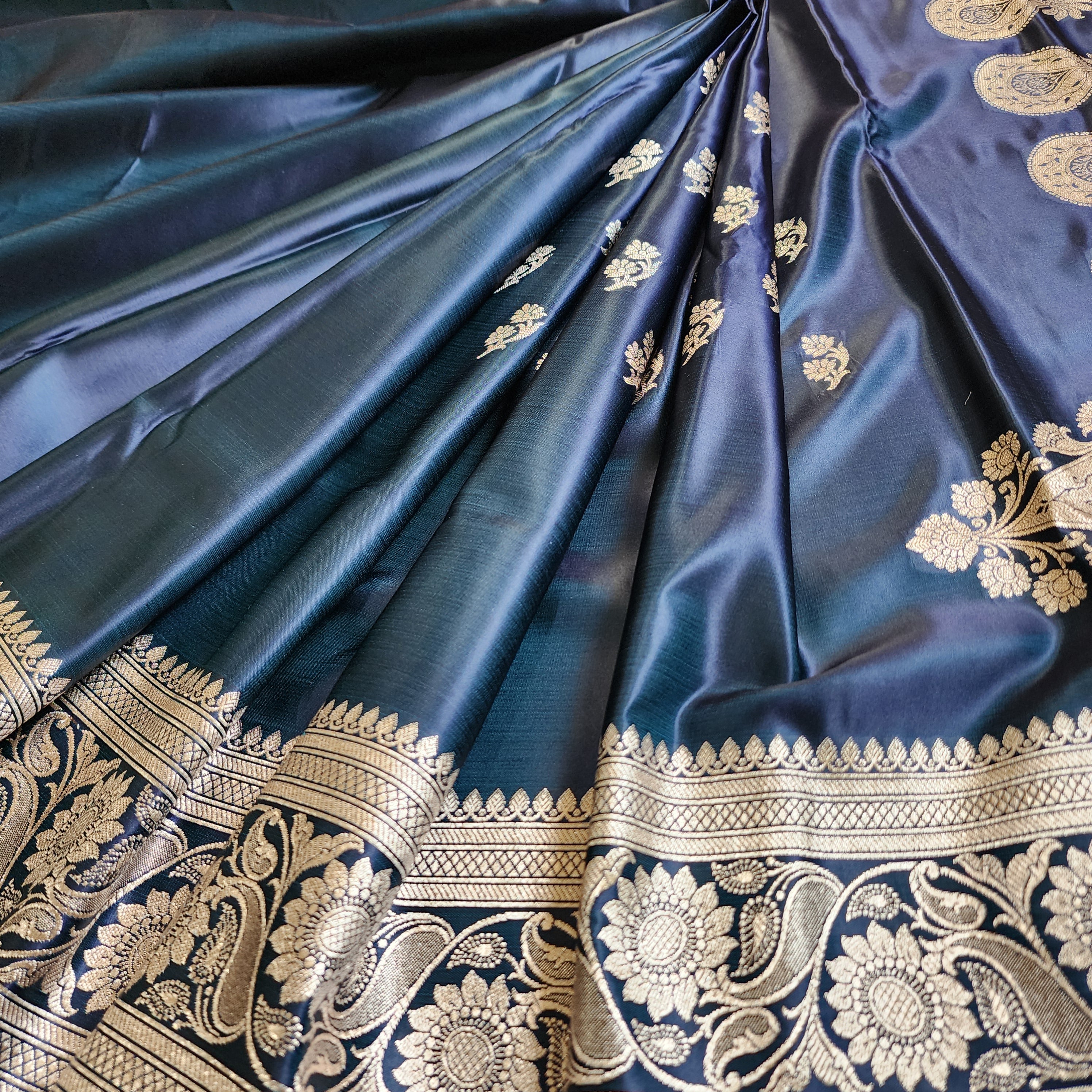 Teal Blue Pure Banarasi Katan Silk Saree with light Gold Zari Weaving